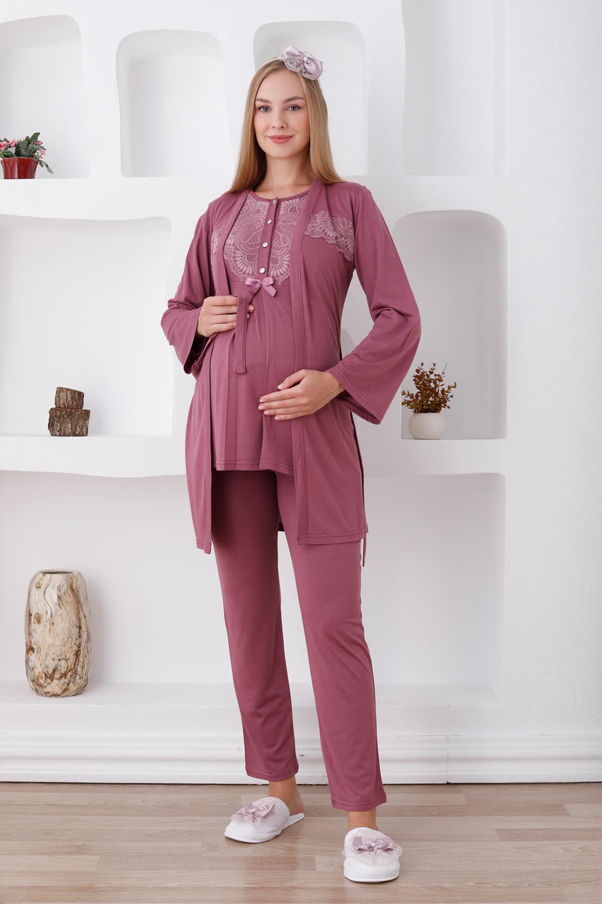 Erdeniz 3425 Vişne Dantel Detaylı Sabahlıklı Lohusa Pijama Takımı