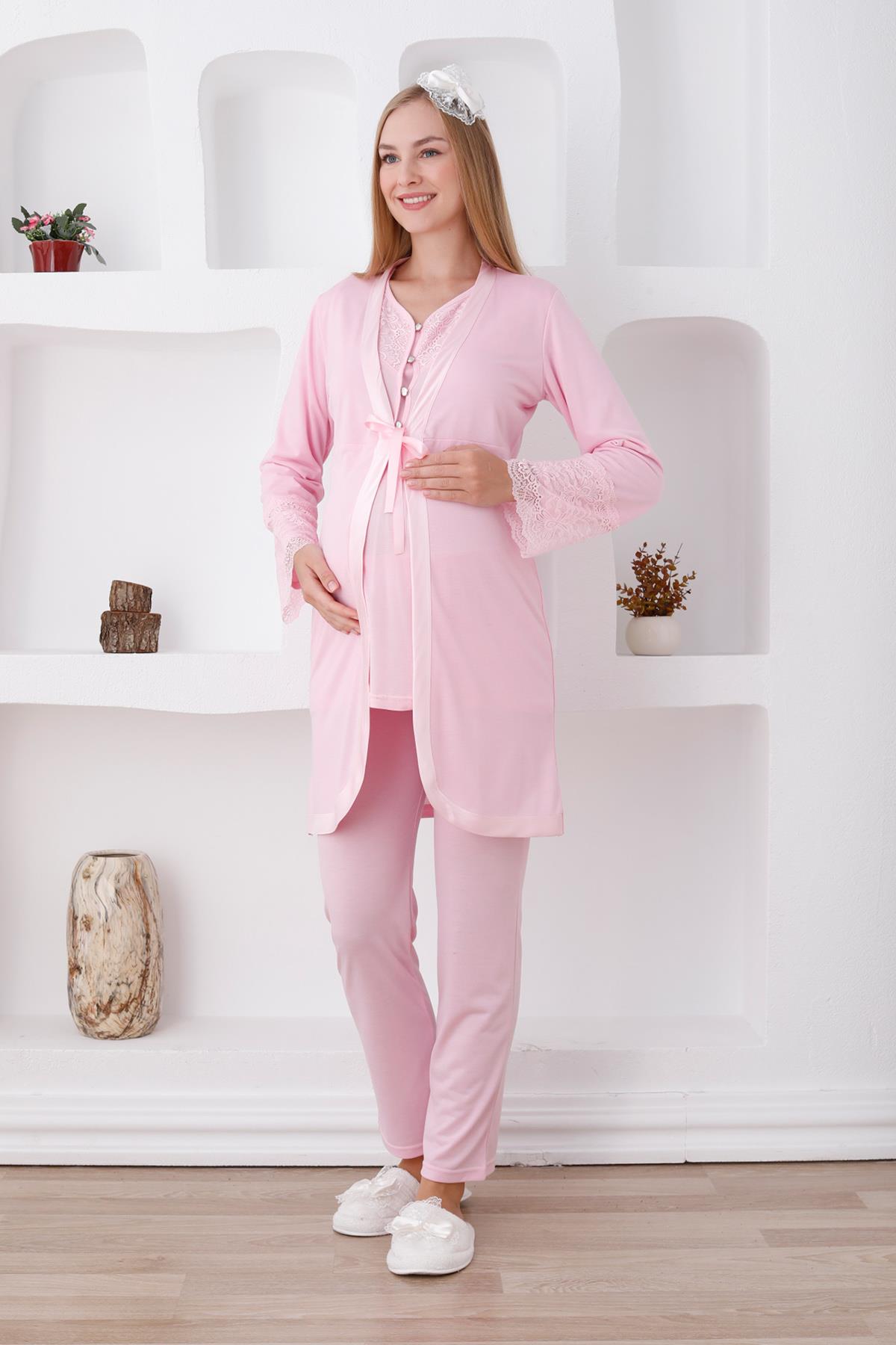 Erdeniz 3426 Pembe Dantel Detaylı Sabahlıklı Lohusa Pijama Takımı