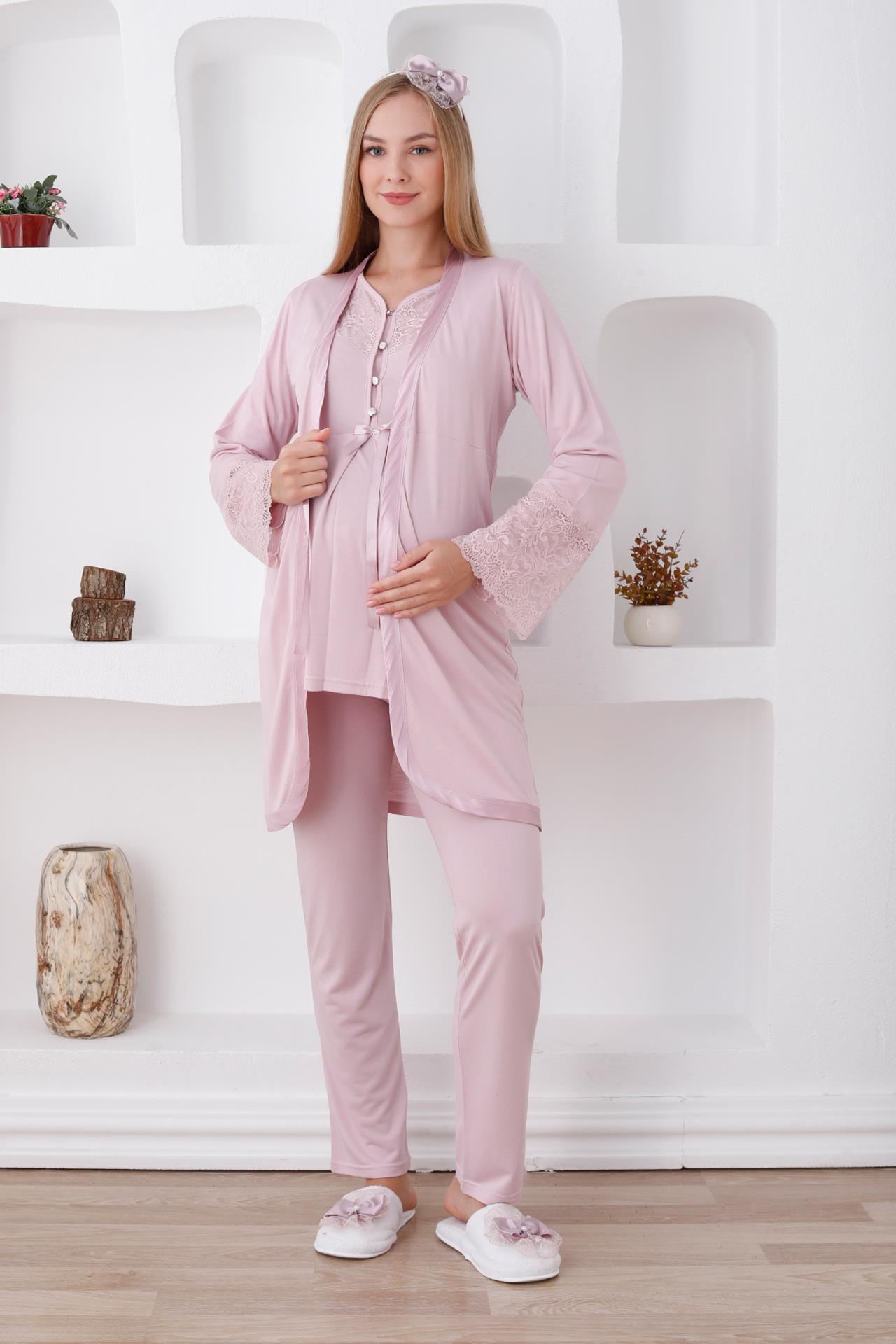 Erdeniz 3426 Pudra Dantel Detaylı Sabahlıklı Lohusa Pijama Takımı