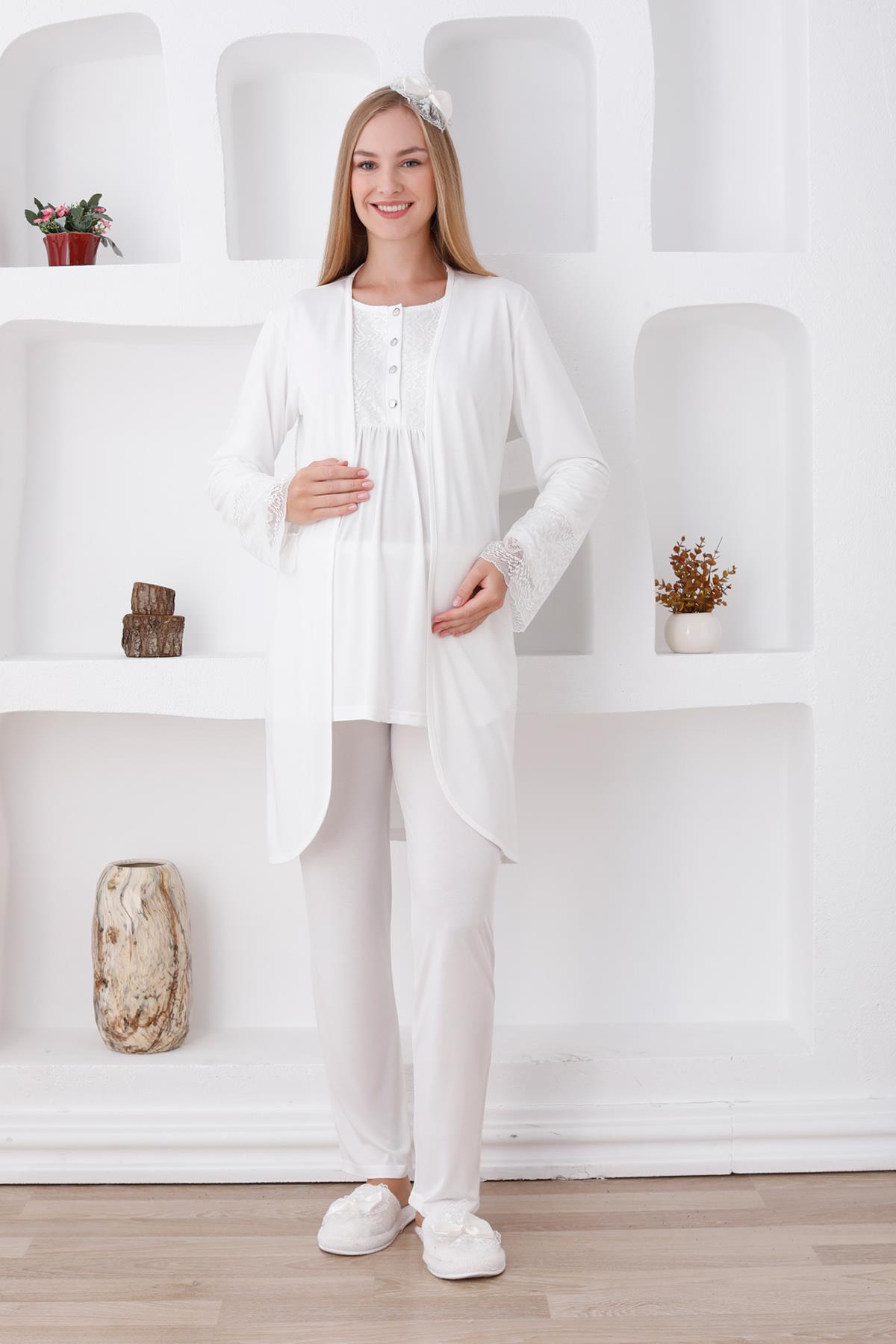 Erdeniz 3427 Ekru Dantel Sabahlıklı Lohusa Pijama Takımı