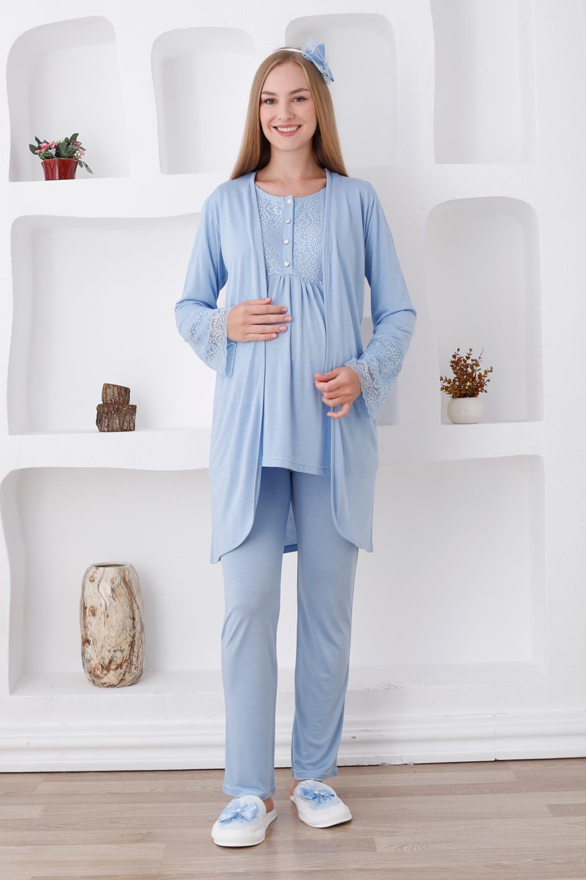 Erdeniz 3427 Mavi Dantel Sabahlıklı Lohusa Pijama Takımı