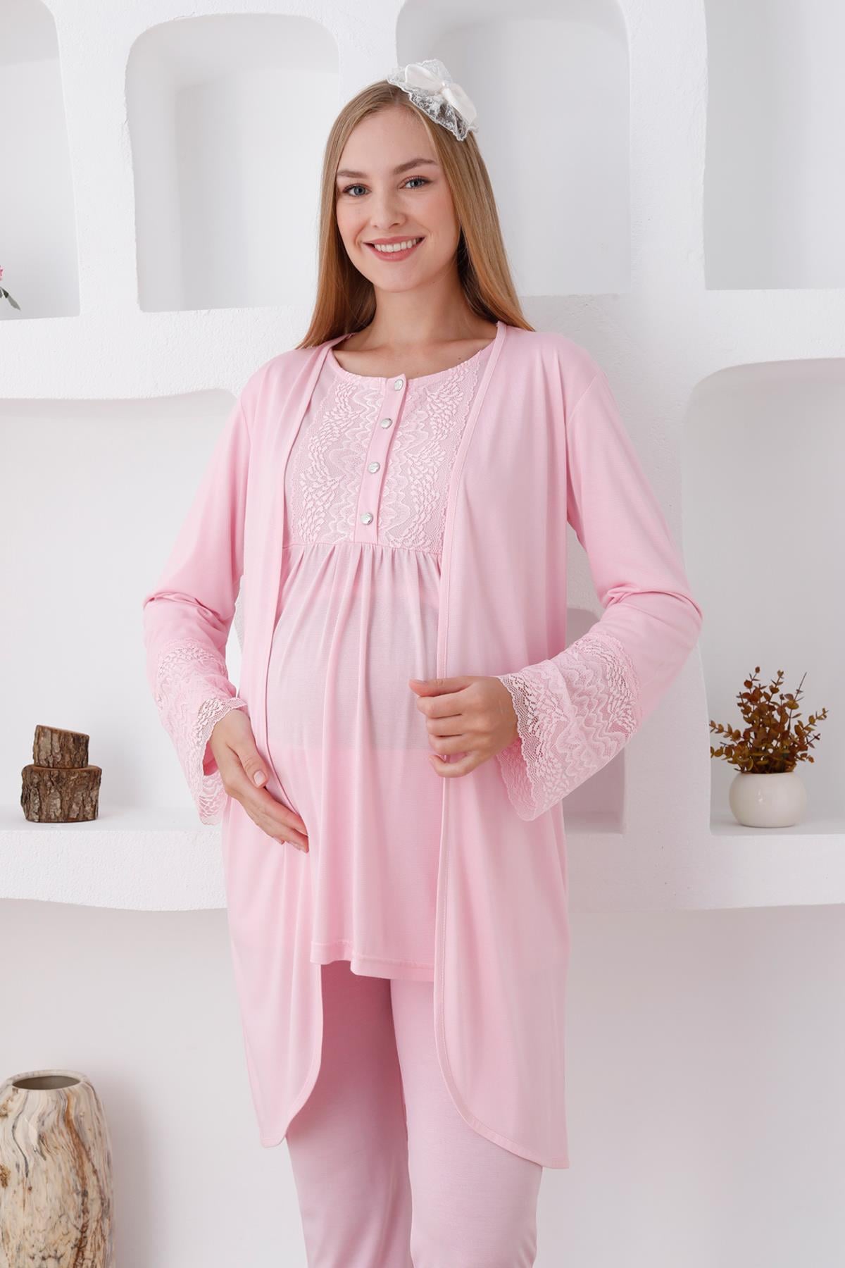 Erdeniz 3427 Pembe Dantel Sabahlıklı Lohusa Pijama Takımı