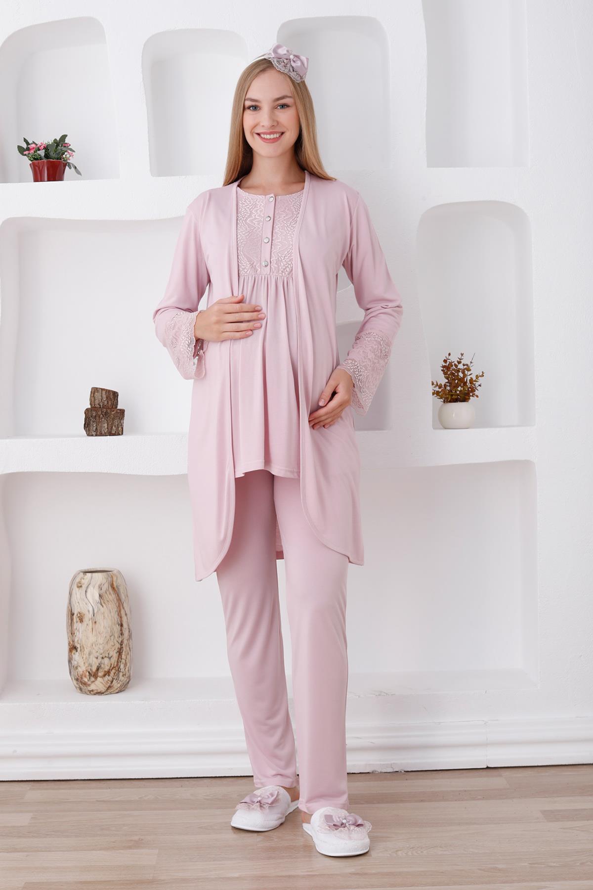 Erdeniz 3427 Pudra Dantel Sabahlıklı Lohusa Pijama Takımı