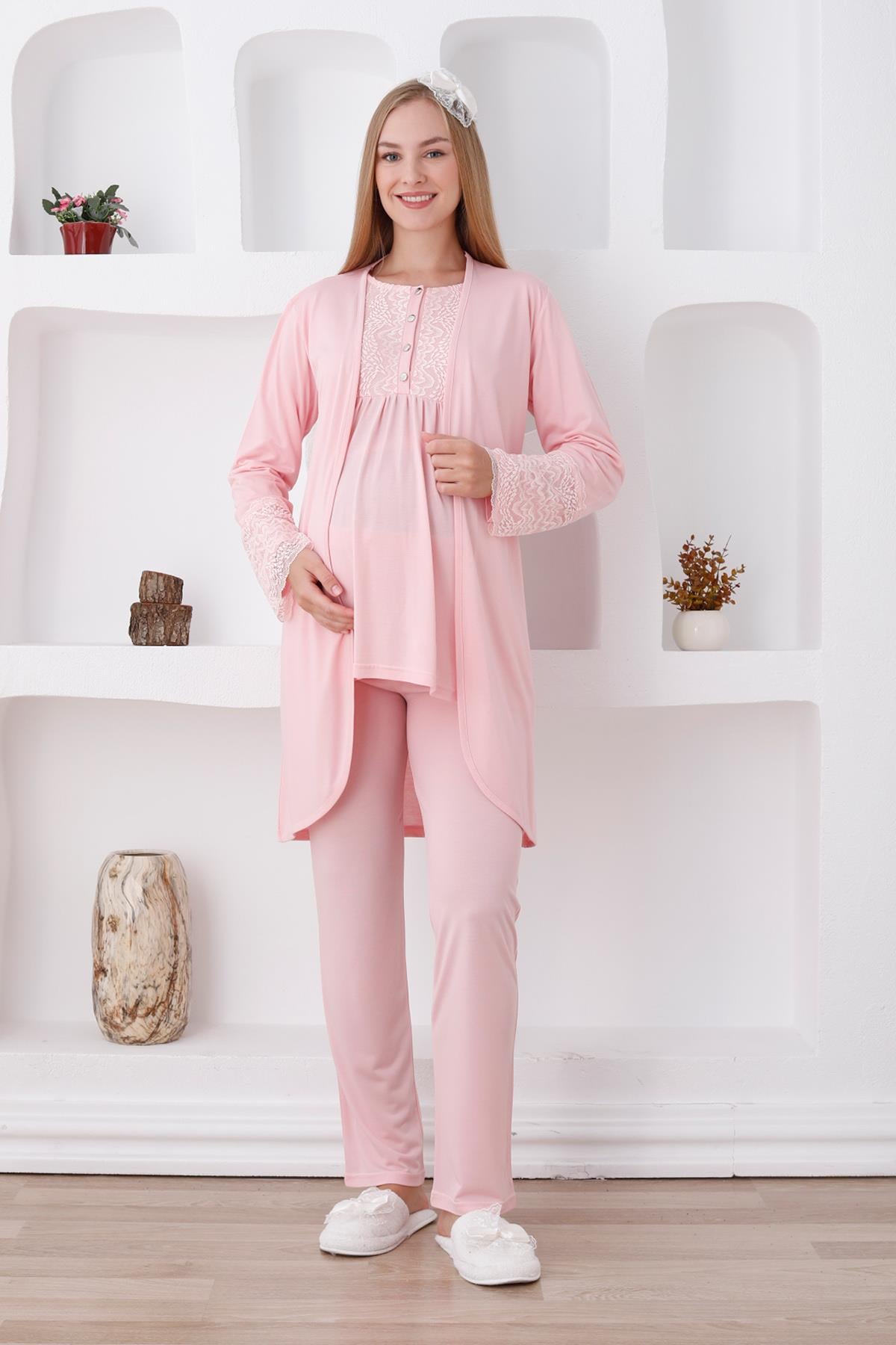 Erdeniz 3427 Somon Dantel Sabahlıklı Lohusa Pijama Takımı