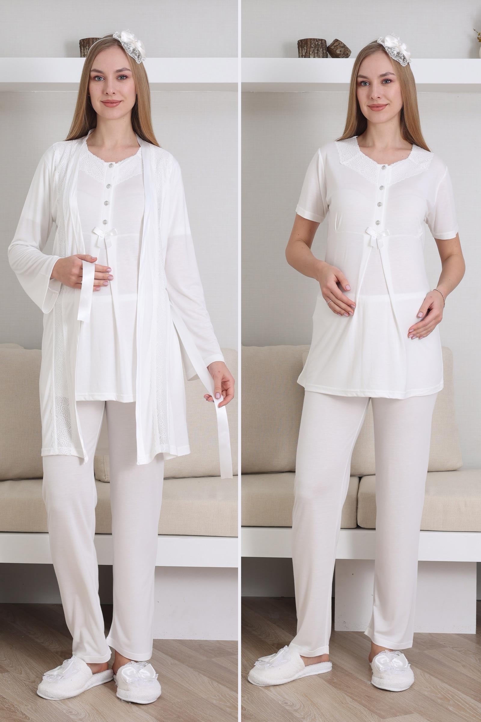 Erdeniz 3435 Ekru Yakası Dantel Sabahlıklı Lohusa Pijama Takımı