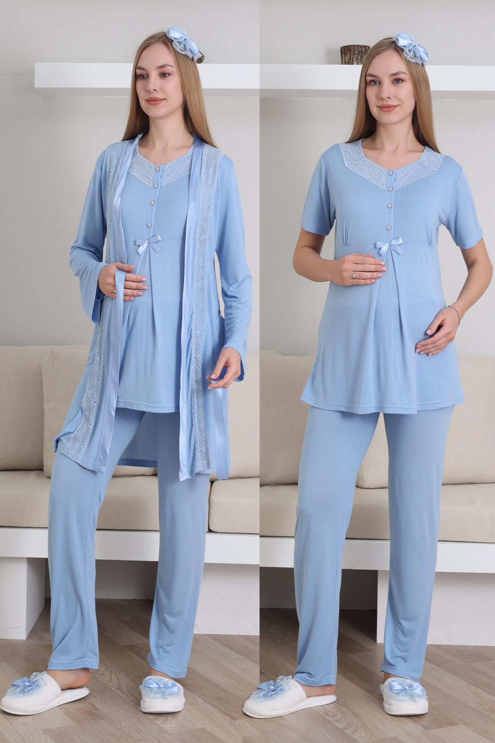 Erdeniz 3435 Mavi Yakası Dantel Sabahlıklı Lohusa Pijama Takımı