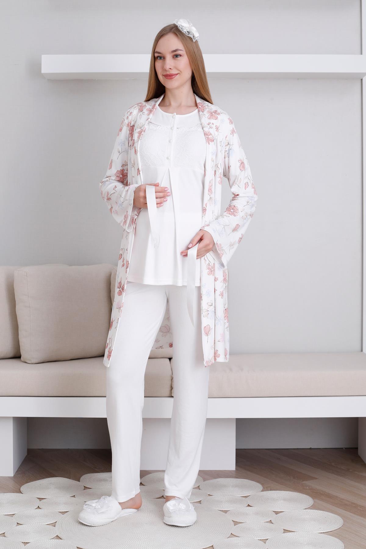 Erdeniz 3436 Ekru Dantel Detaylı Lohusa Pijama ve Desen Sabahlıklı Takımı