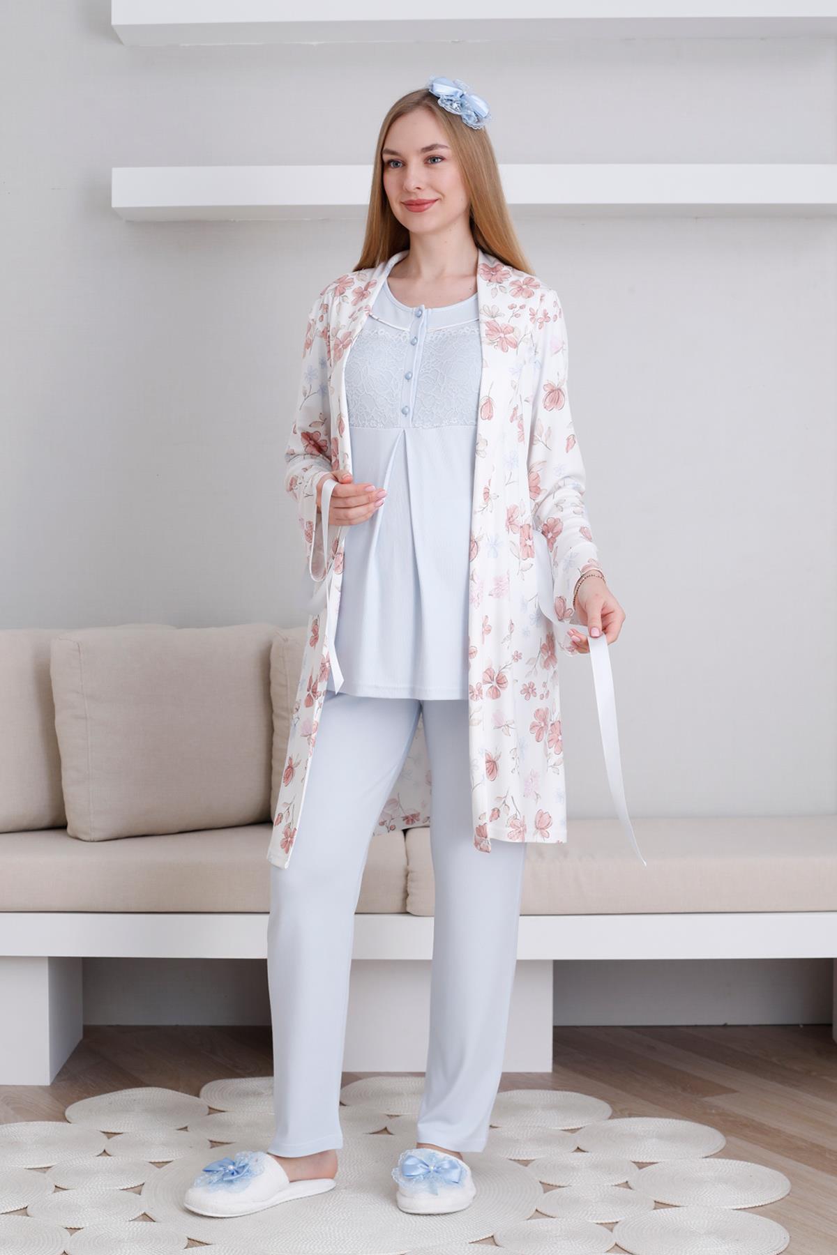 Erdeniz 3436 Mavi Dantel Detaylı Lohusa Pijama ve Desen Sabahlıklı Takımı