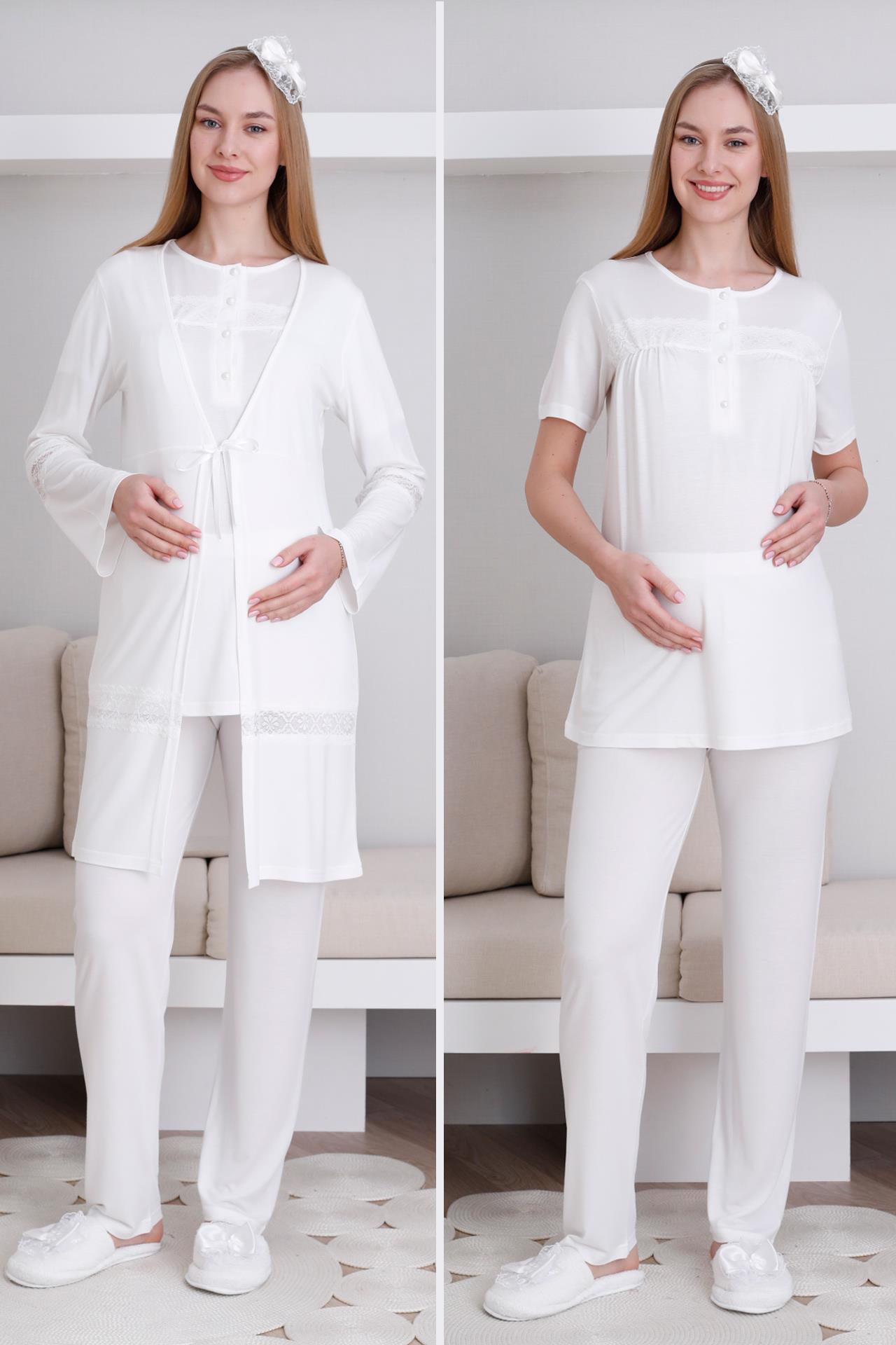 Erdeniz 3439 Ekru Dantel Detaylı Sabahlıklı Lohusa Pijama Takımı