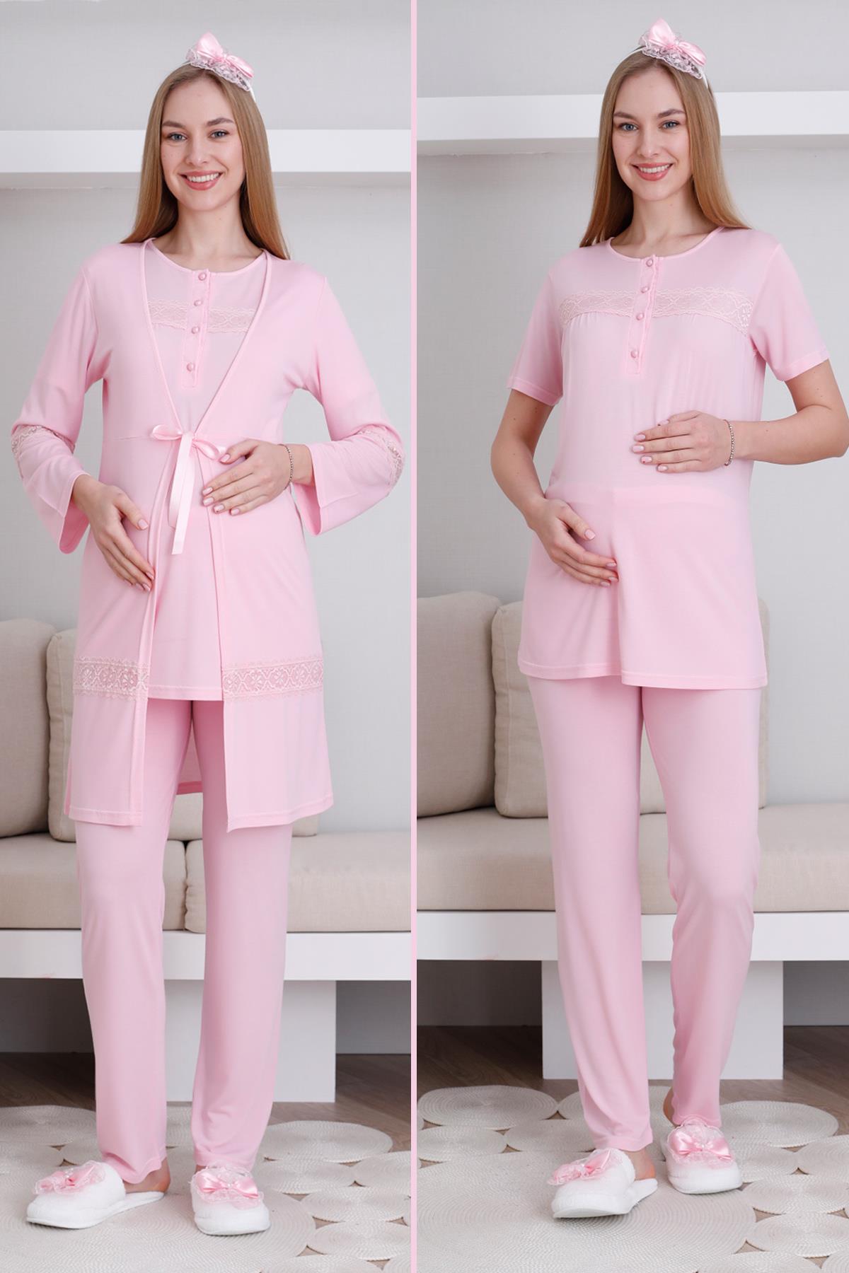 Erdeniz 3439 Pembe Dantel Detaylı Sabahlıklı Lohusa Pijama Takımı