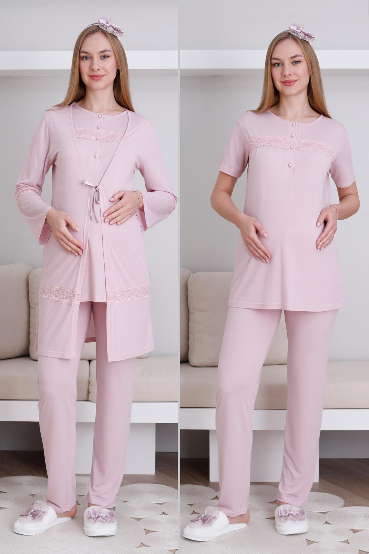 Erdeniz 3439 Pudra Dantel Detaylı Sabahlıklı Lohusa Pijama Takımı