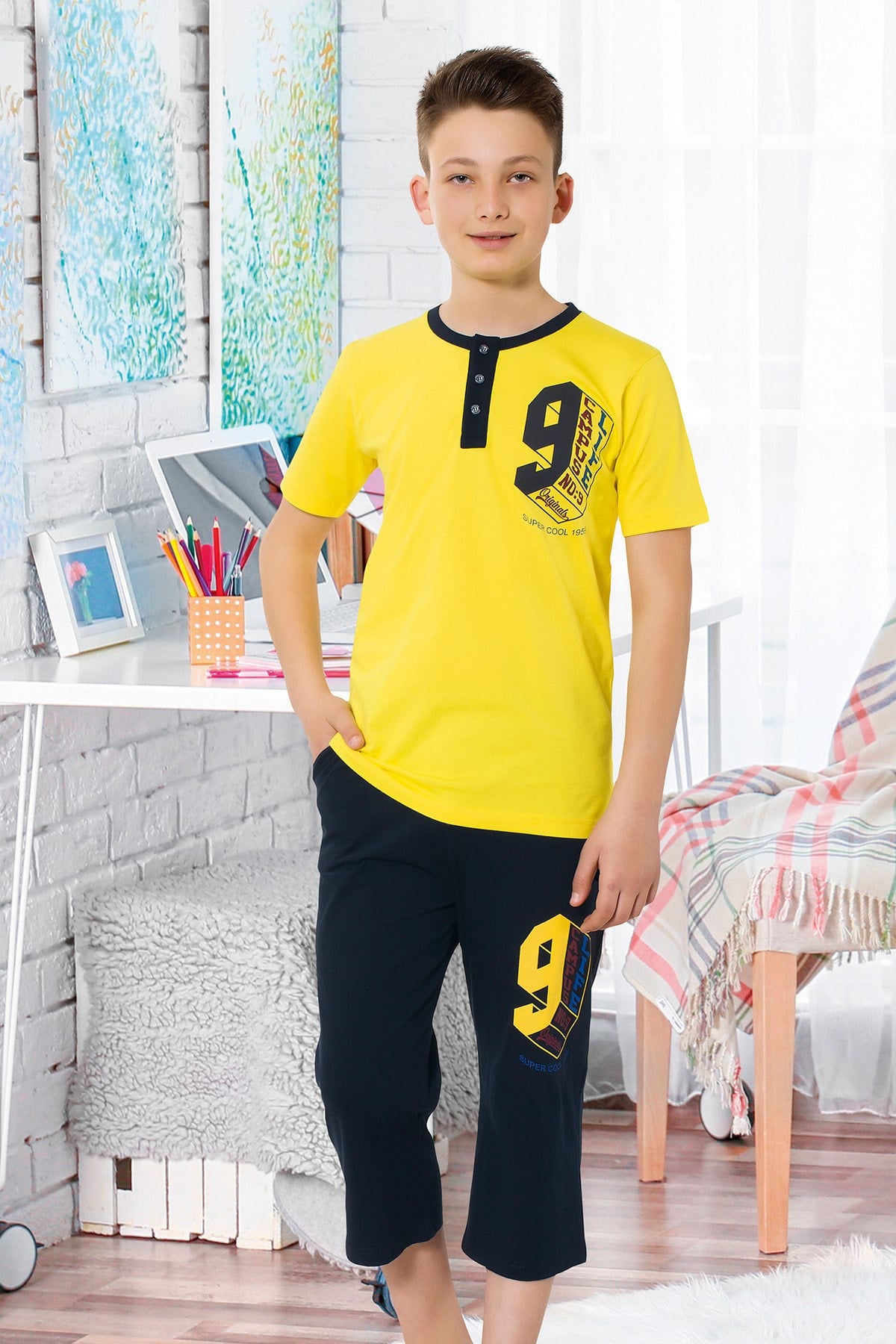 Erkek Çoçuk Garson Kapri Pijama Takım 7057