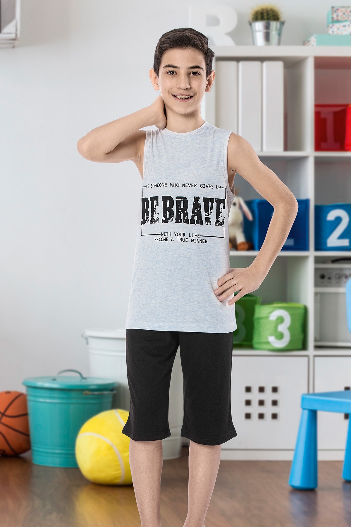 Erkek Çoçuk Garson Kapri Pijama Takım 7112
