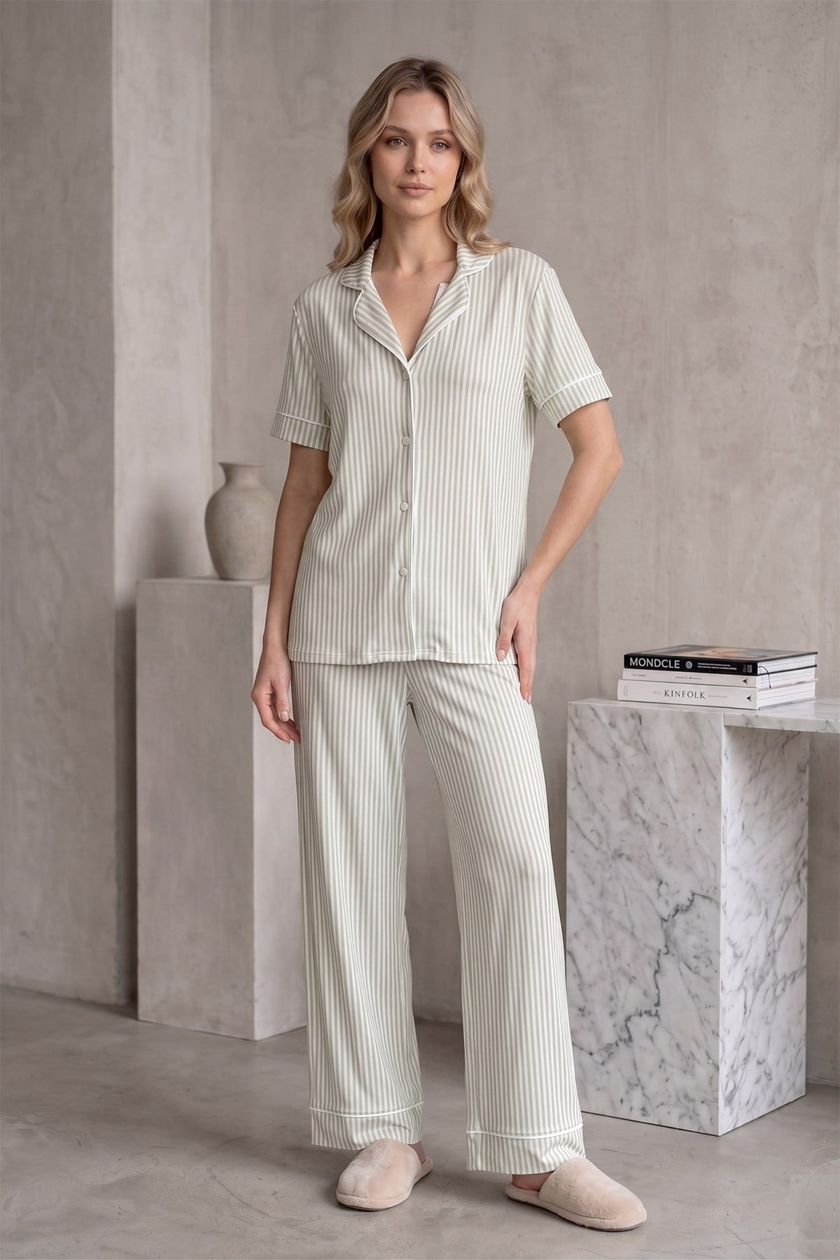Effortt 2065 Yeşil Kısa Kol Çizgili Önden Düğmeli Lohusa Pijama Takımı