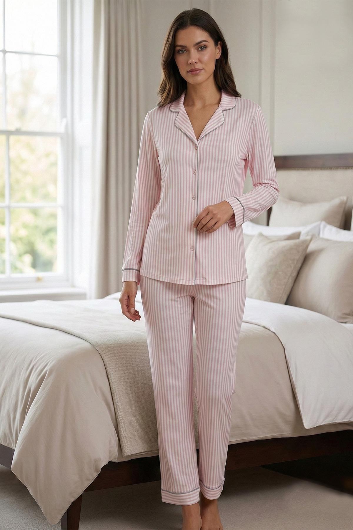 Effortt 2067 Pembe Çizgili Uzun kol Önden Düğmeli Lohusa Pijama Takımı