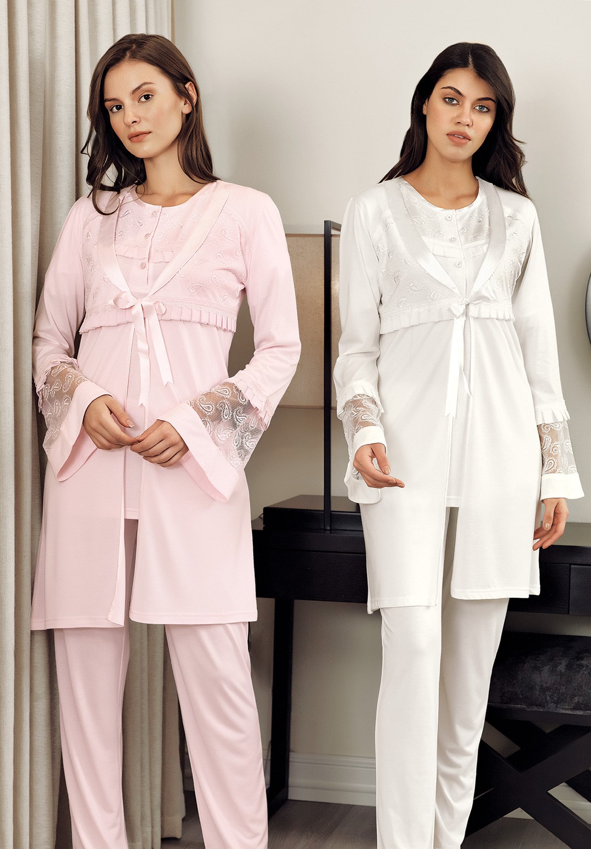 Fc Fantasy 8028 Rumi Dantel Desen Sabahlıklı Lohusa Pijama Takımı
