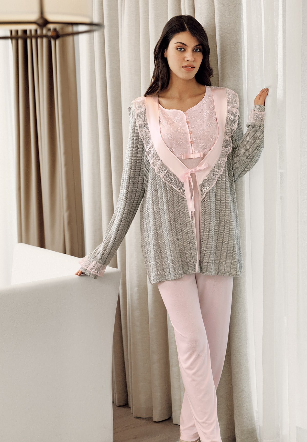 Fc Fantasy 8074 Şal Dantel Desen Sabahlıklı Lohusa Pijama Takımı