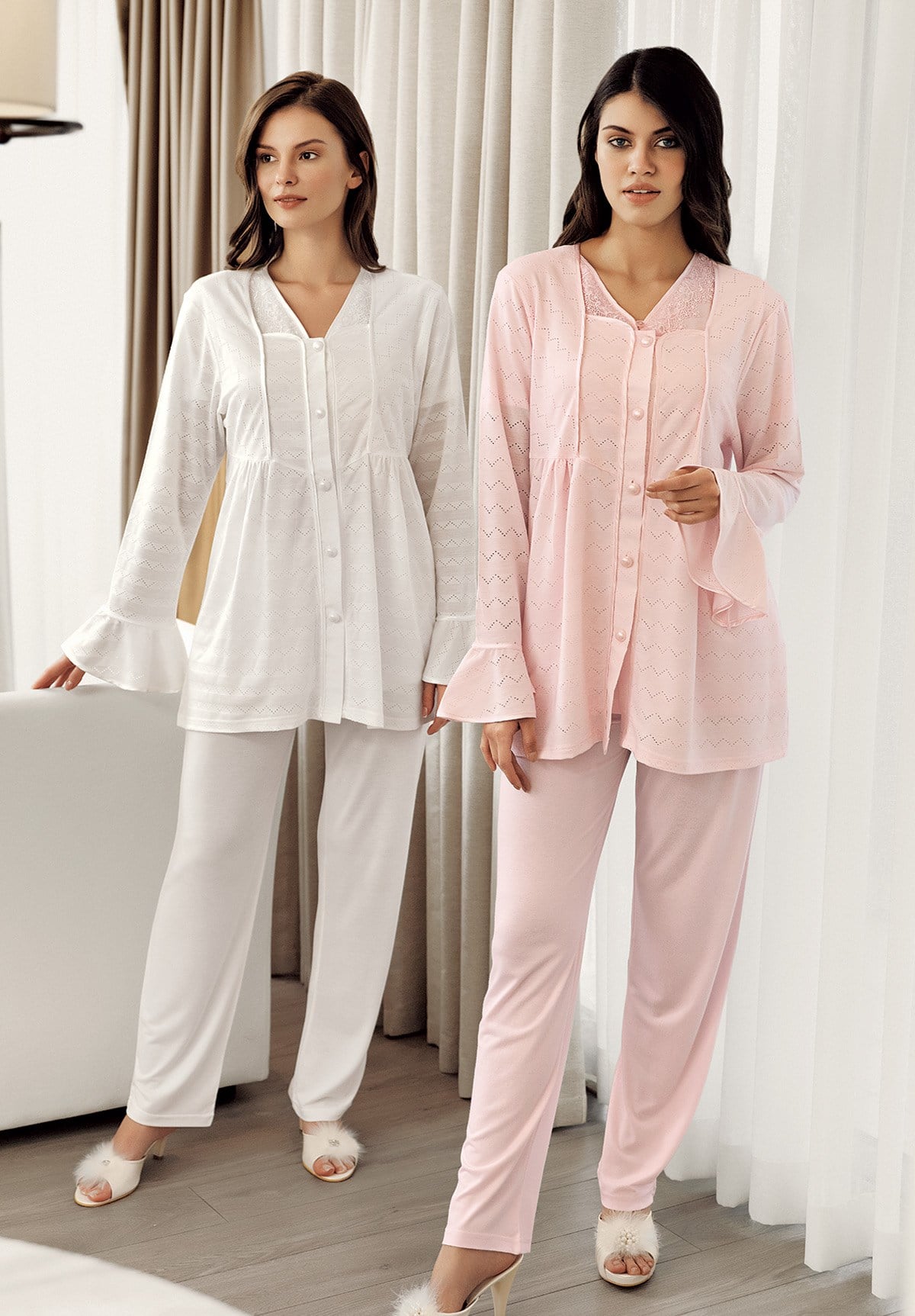 Fc Fantasy 8075 Zigzag Dantelli Sabahlıklı Lohusa Pijama Takımı