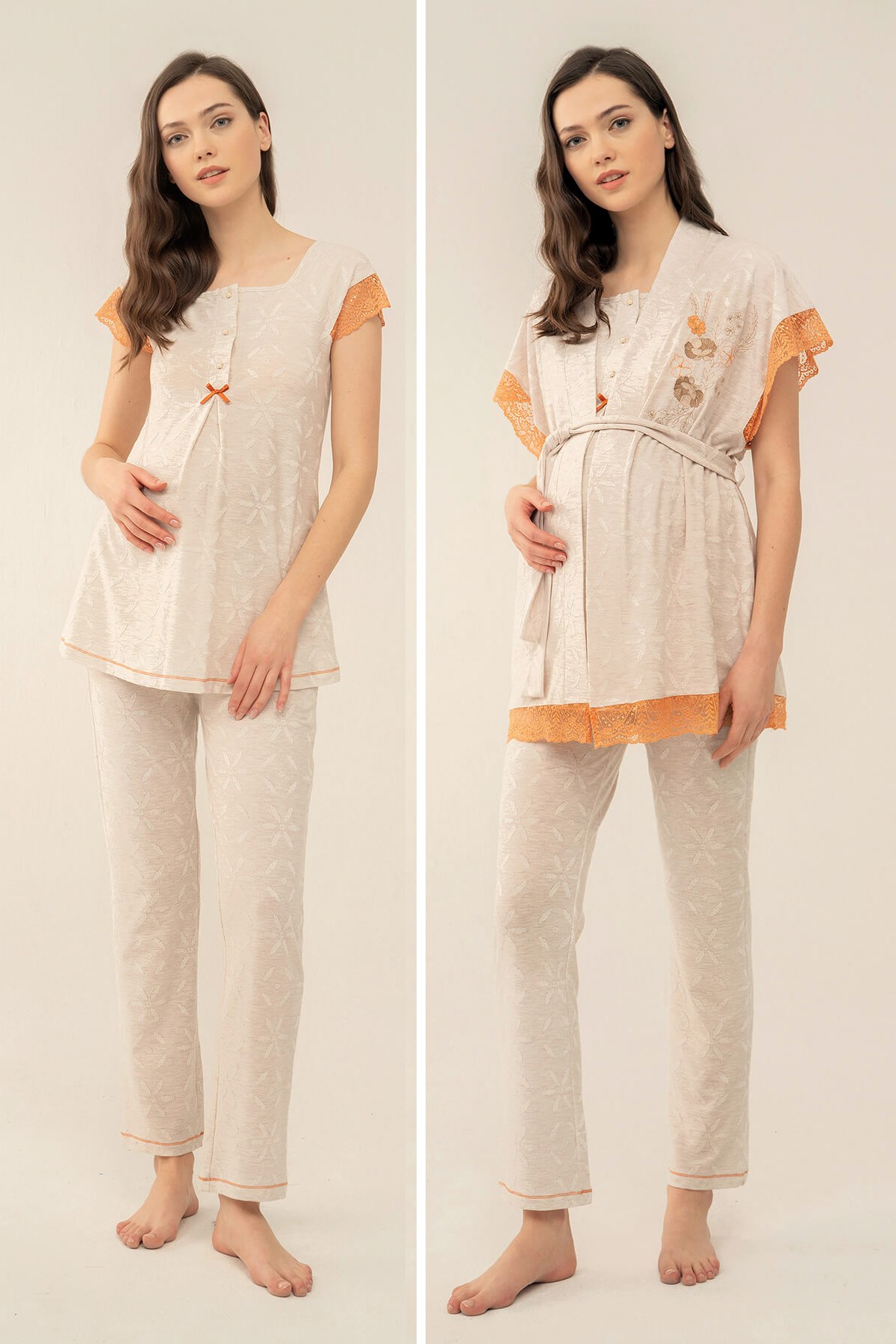 Feyza 4013 Bej Kolları Dantelli Çiçek Desenli Sabahlıklı Lohusa Pijama