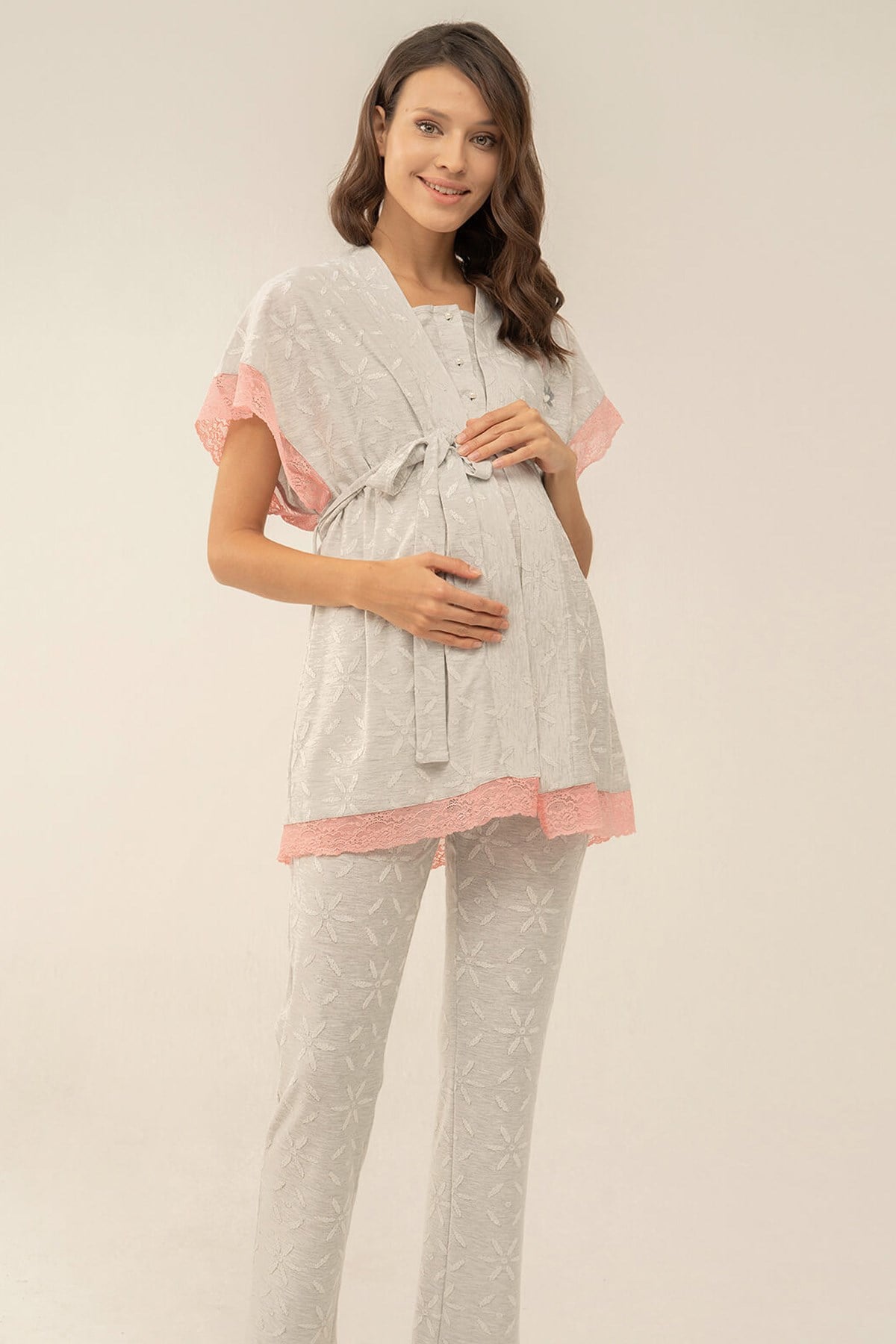 Feyza 4013 Gri Kolları Dantelli Çiçek Desenli Sabahlıklı Lohusa Pijama