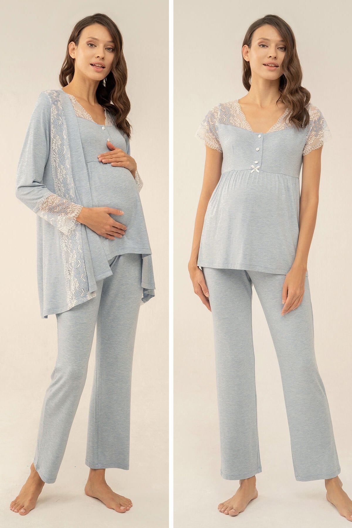 Feyza 4049 Mavi Dantel Detaylı Sabahlıklı Lohusa Pijama Takımı