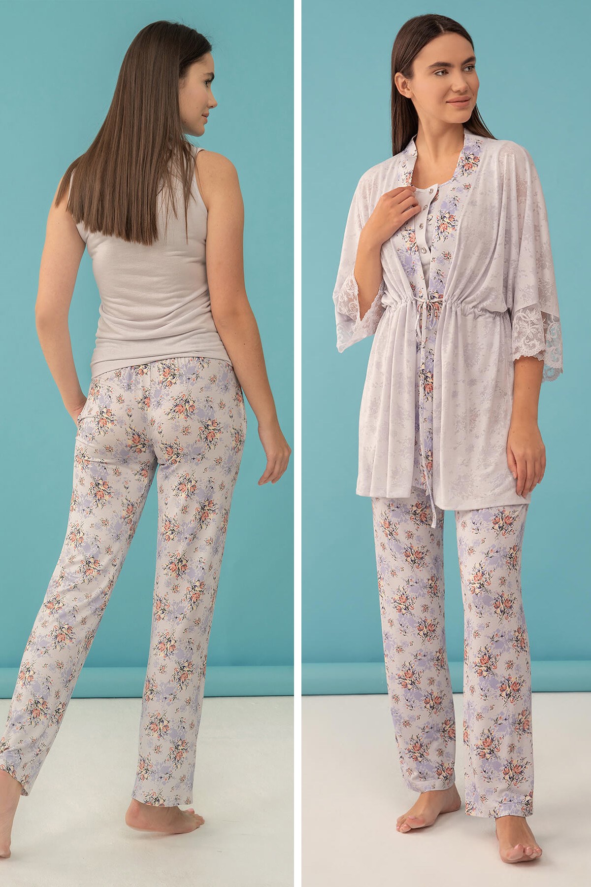 Feyza 4068 Lila Çiçek Desenli Yarım Kol Sabahlıklı Lohusa Pijama