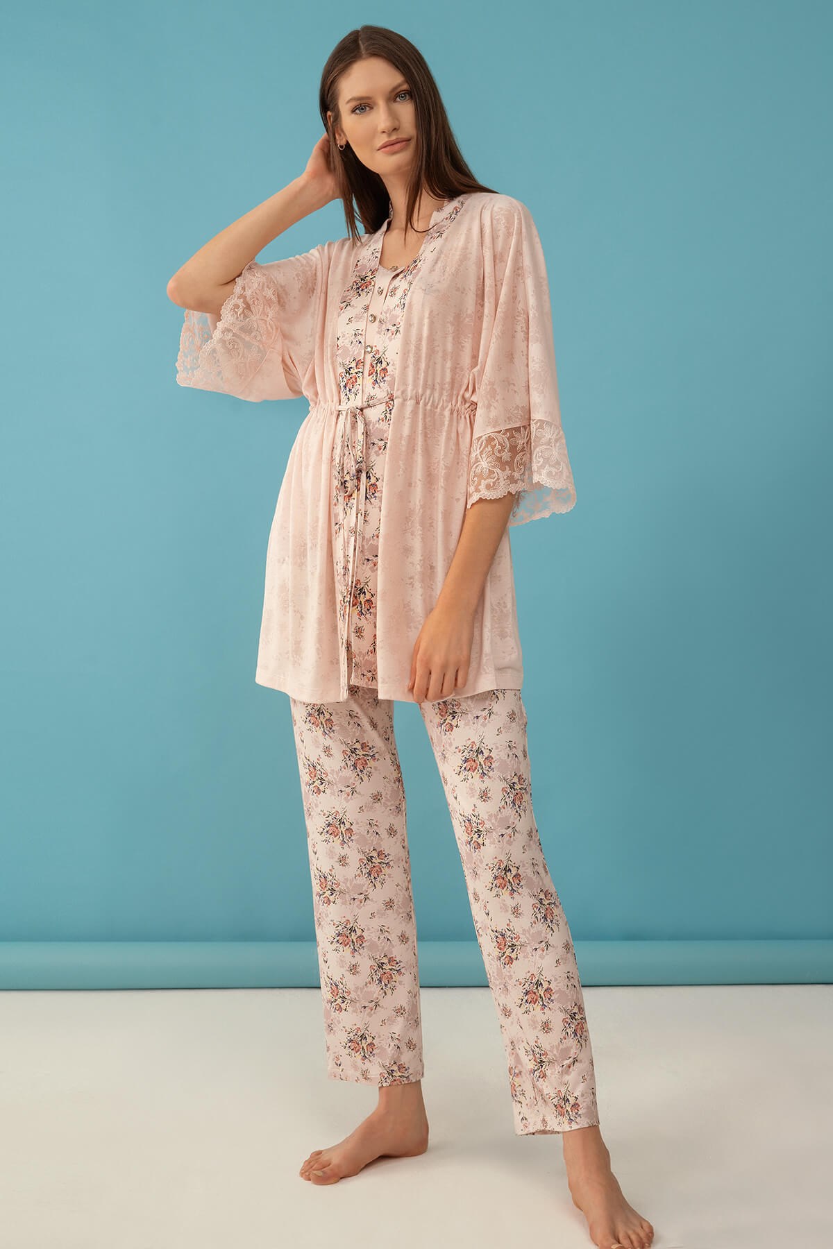 Feyza 4068 Pembe Çiçek Desenli Yarım Kol Sabahlıklı Lohusa Pijama