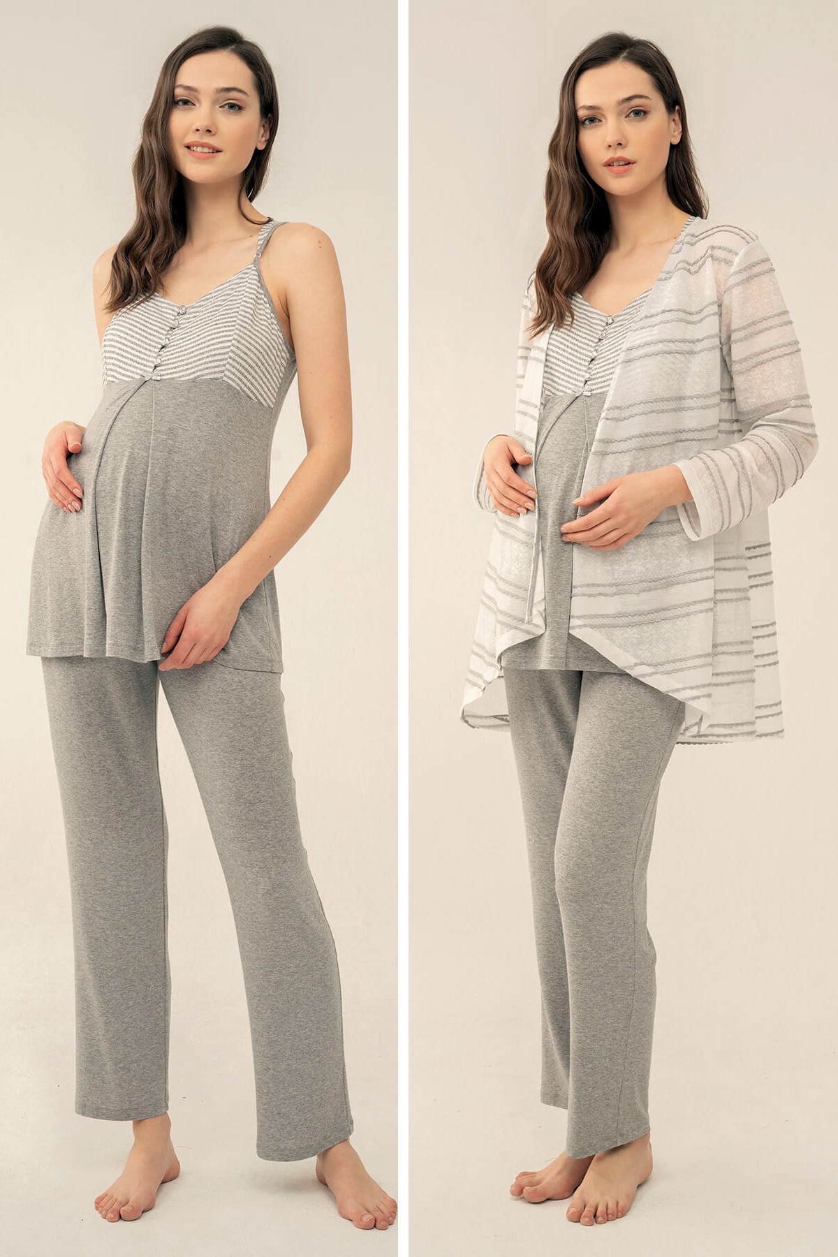 Feyza 4114 Gri Çizgi Detaylı Sabahlıklı Lohusa Pijama Takımı
