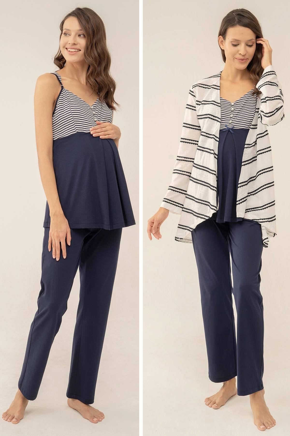 Feyza 4114 Lacivert Çizgi Detaylı Sabahlıklı Lohusa Pijama Takımı