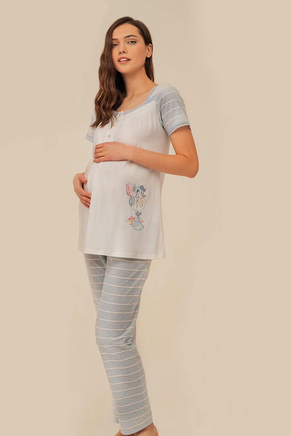 Feyza 4116 Mavi Nakış Desen Detaylı Lohusa Pijama
