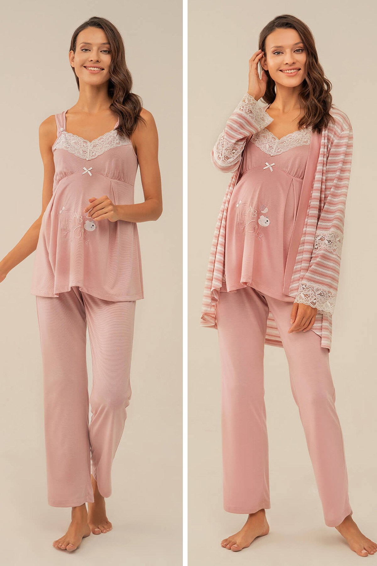 Feyza 4117 Gül Kurusu Çizgili Dantelli Sabahlıklı Lohusa Pijama