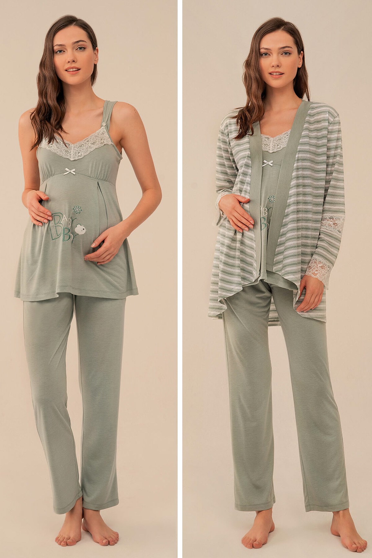 Feyza 4117 Yeşil Çizgili Dantelli Sabahlıklı Lohusa Pijama