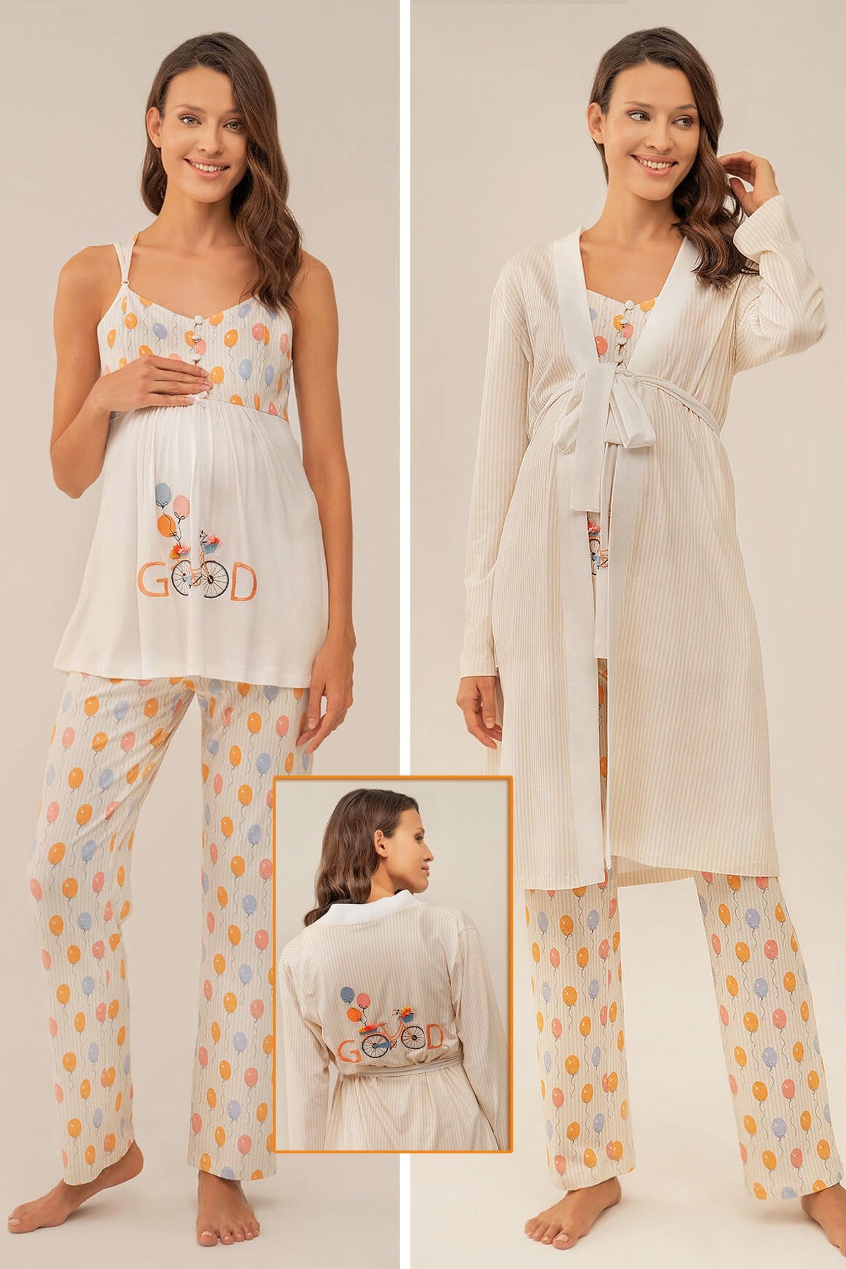 Feyza 4118 Bej Balon Desenli Nakışlı Sabahlıklı Lohusa Pijama