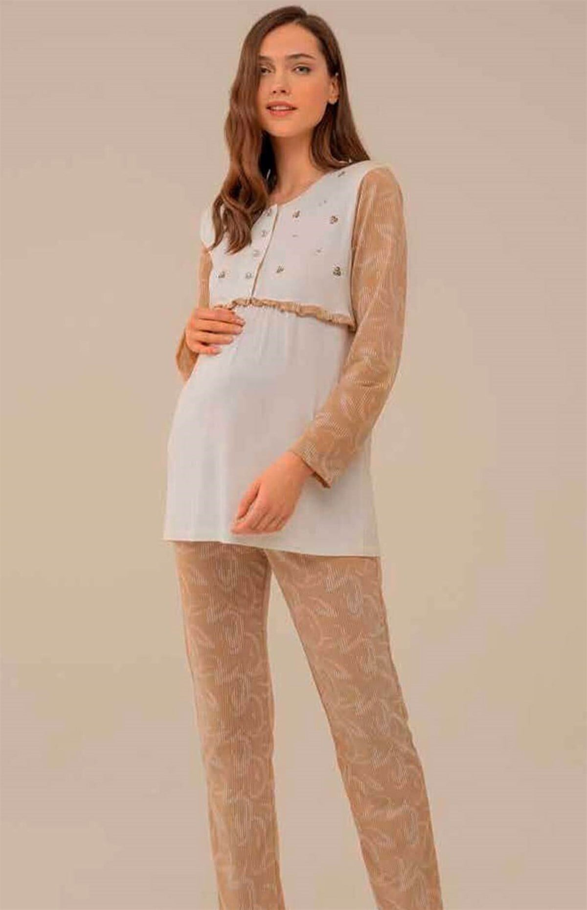 Feyza 4120 Vizon Çiçek Desenli Lohusa Pijama
