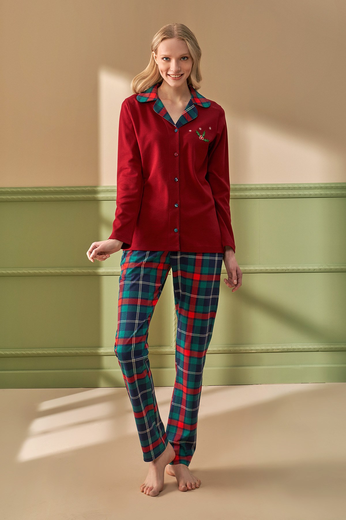 Feyza 4217 Bordo Önden Düğmeli Lohusa Pijama Takımı