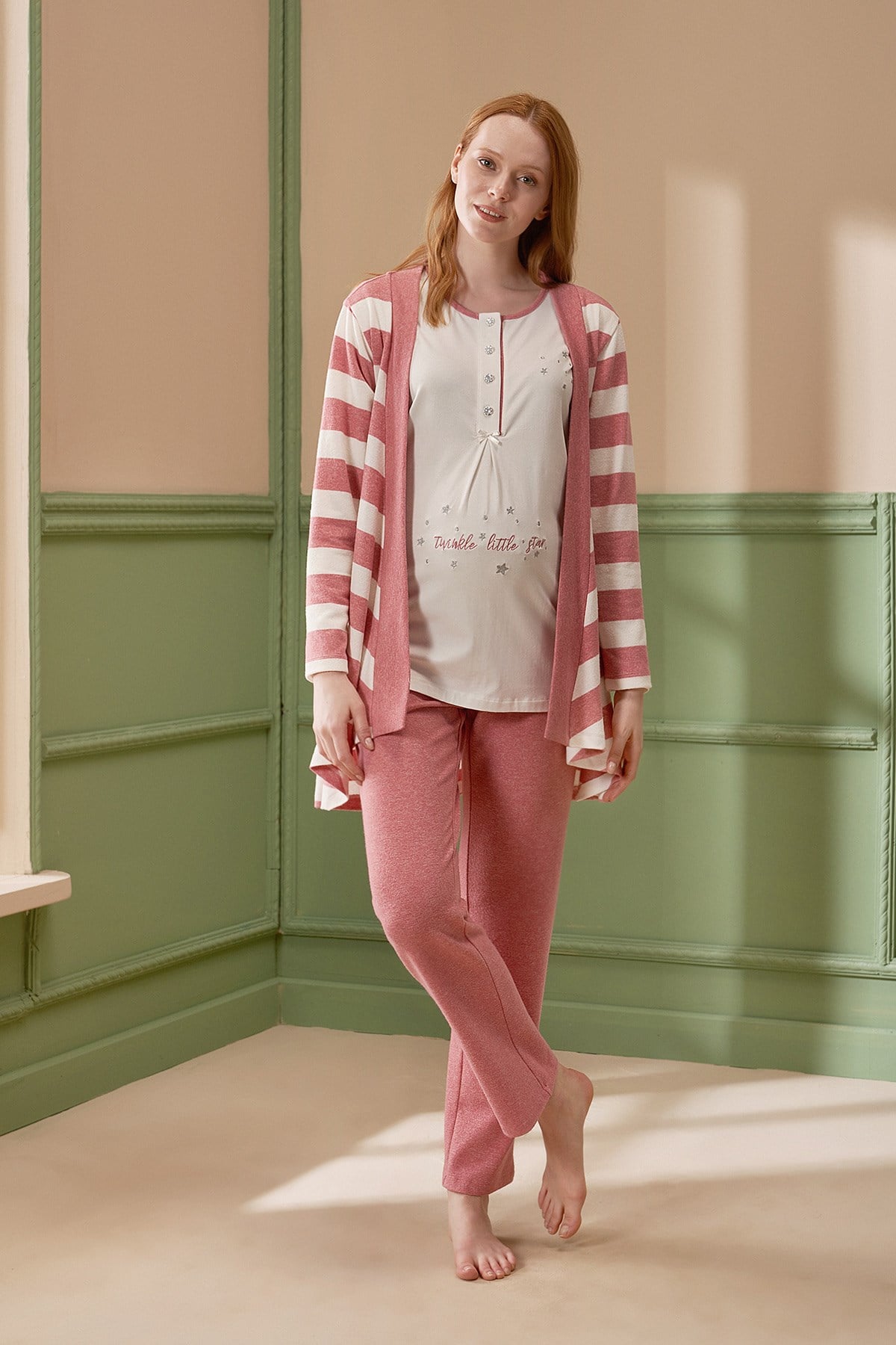 Feyza 4243 Gülkurusu Çizgi Desen Sabahlıklı Lohusa Pijama Takımı