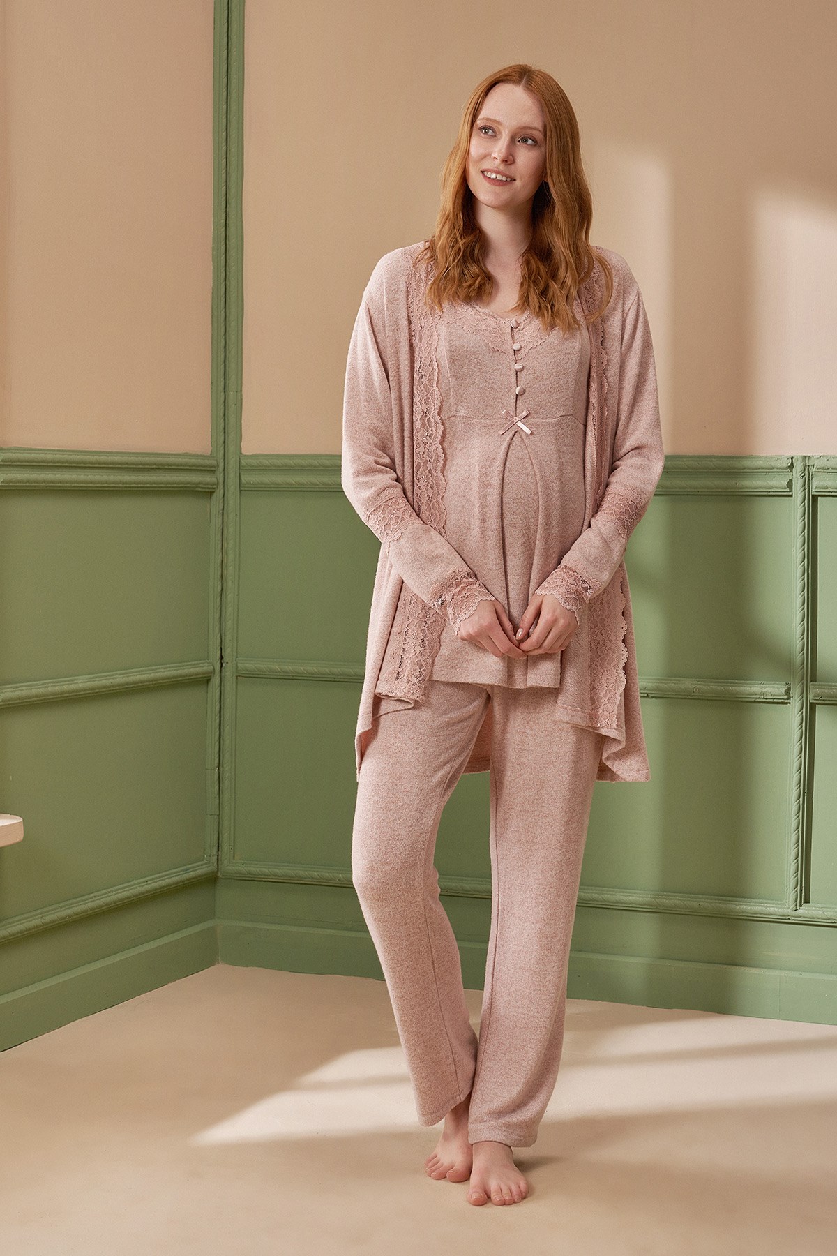 Feyza 4272 Pudra Melanj Sabahlıklı Lohusa Pijama Takımı