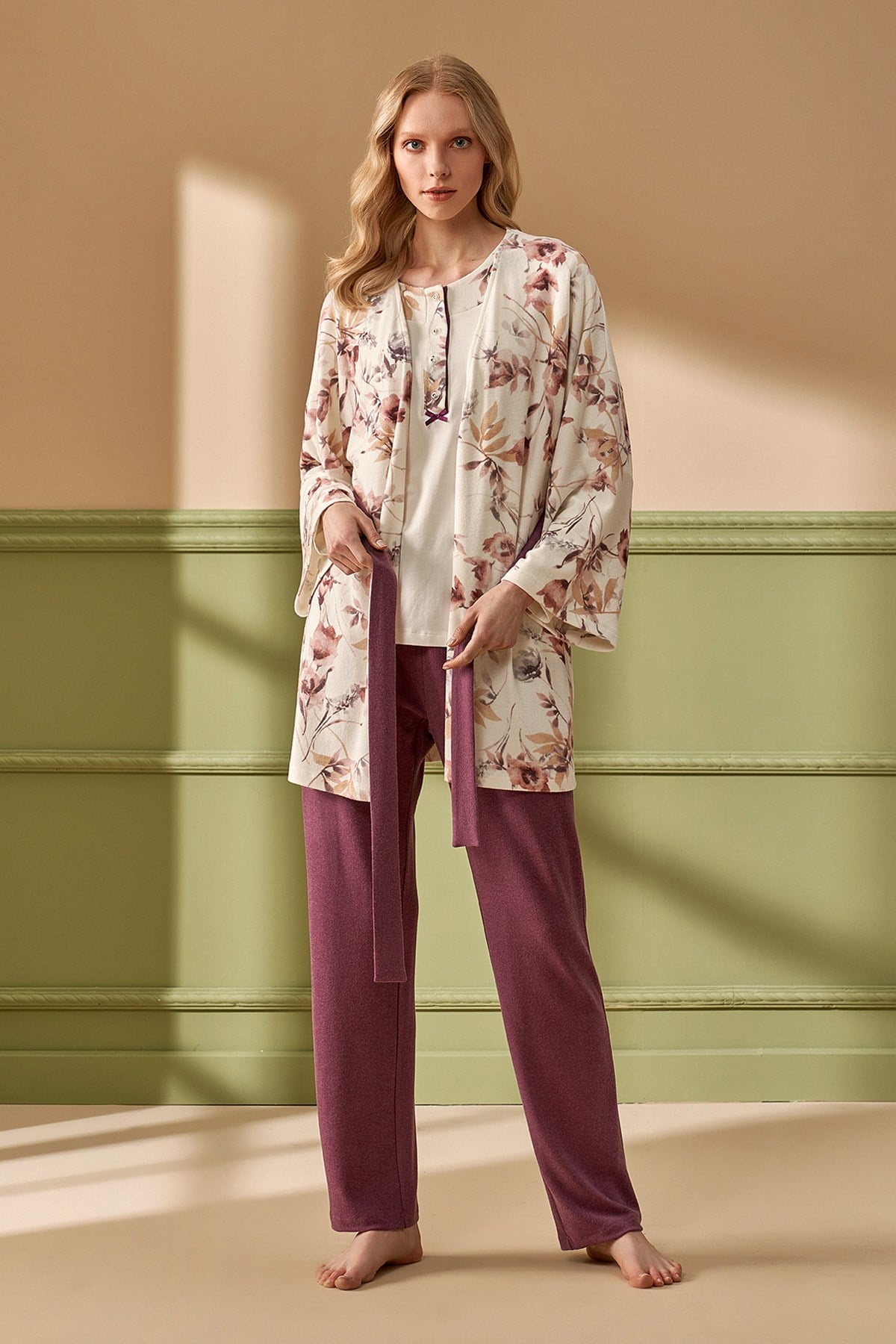 Feyza 4297 Mor Desen Sabahlıklı Lohusa Pijama Takımı