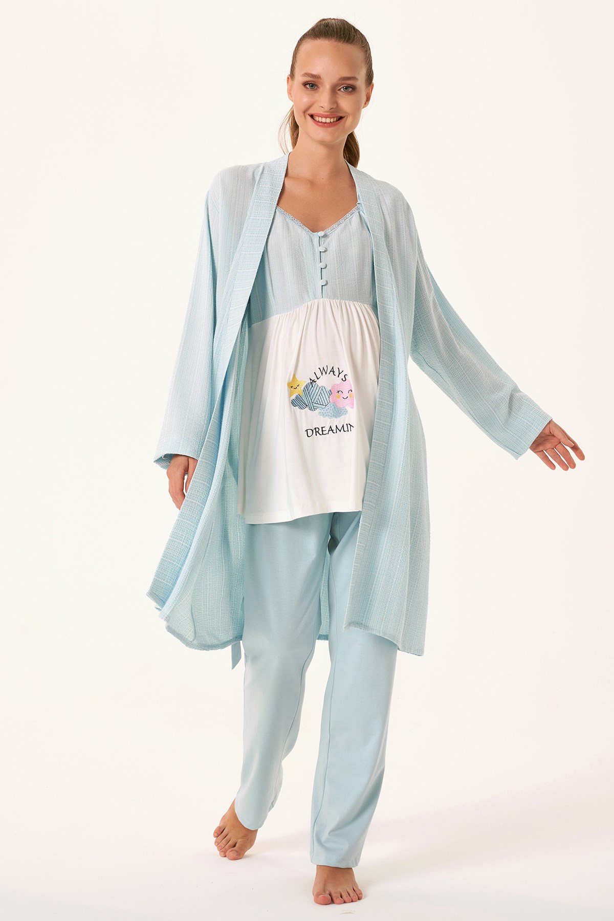 Feyza 4475 Mavi Sabahlıklı Lohusa Pijama Takımı