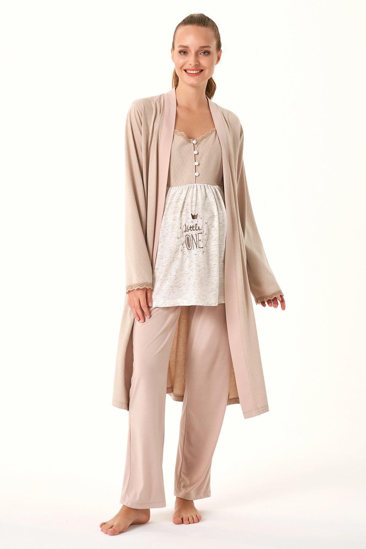 Feyza 4479 Bej Sabahlıklı Lohusa Pijama Takımı