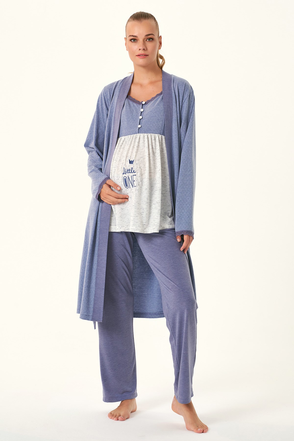 Feyza 4479 indigo Mavi Sabahlıklı Lohusa Pijama Takımı