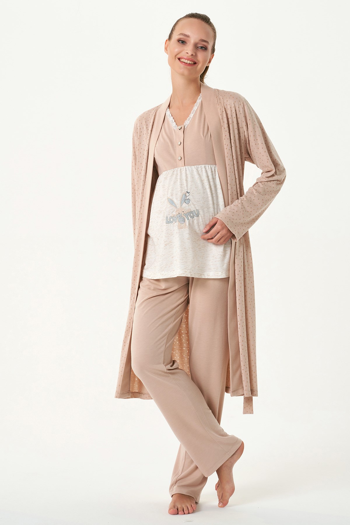 Feyza 4481 Sütlü Kahve Love You Detaylı Sabahlıklı Lohusa Pijama Takımı