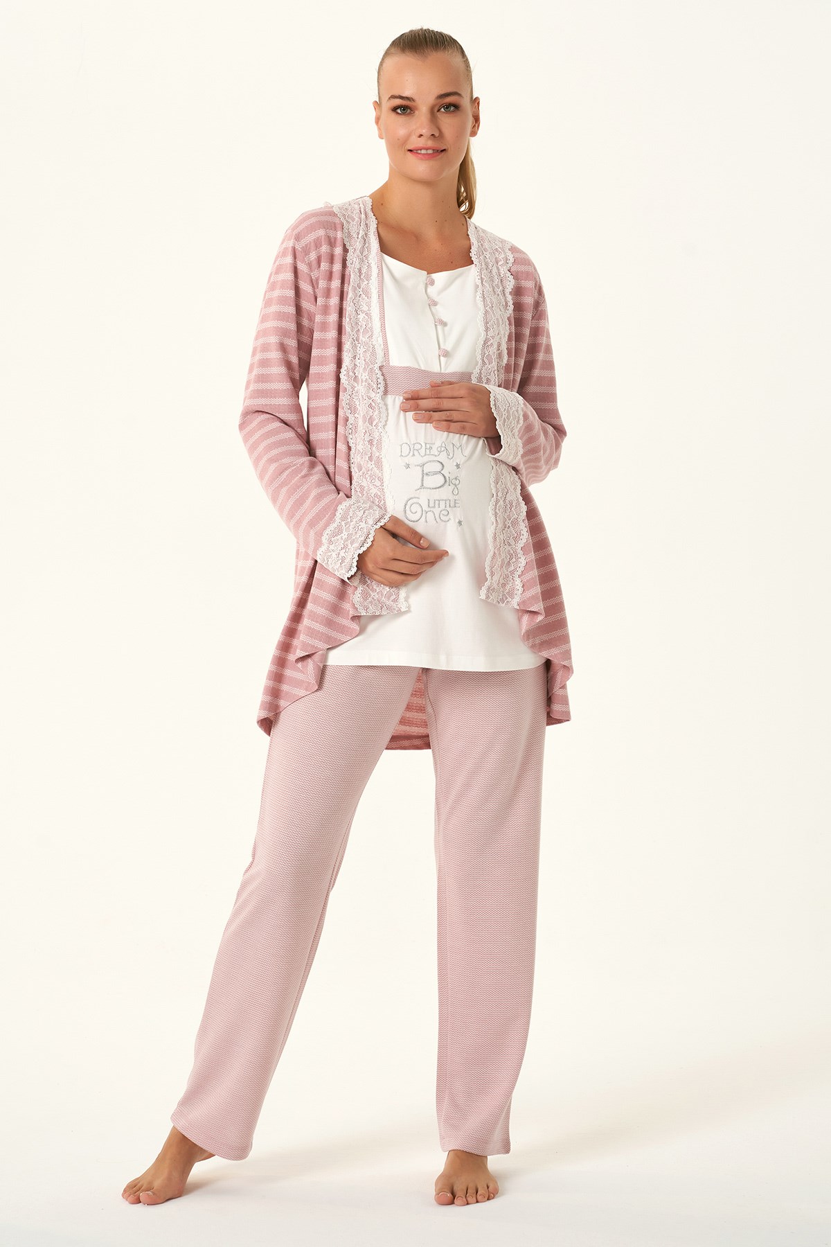 Feyza 4482 Pembe Çizgi Dantelli Sabahlıklı Lohusa Pijama Takımı