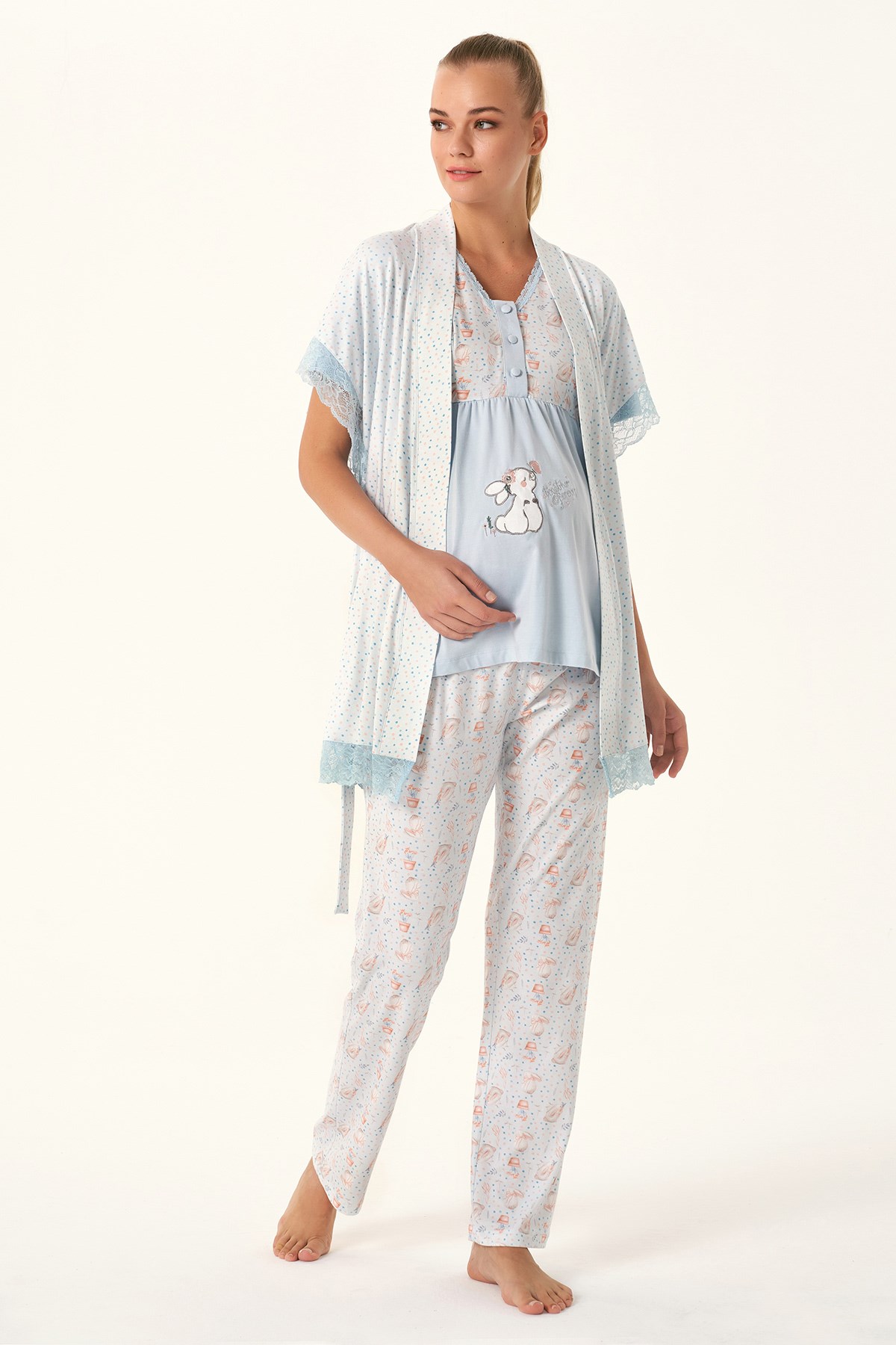 Feyza 4483 Mavi Kolları Dantel Detaylı Sabahlıklı Lohusa Pijama Takımı