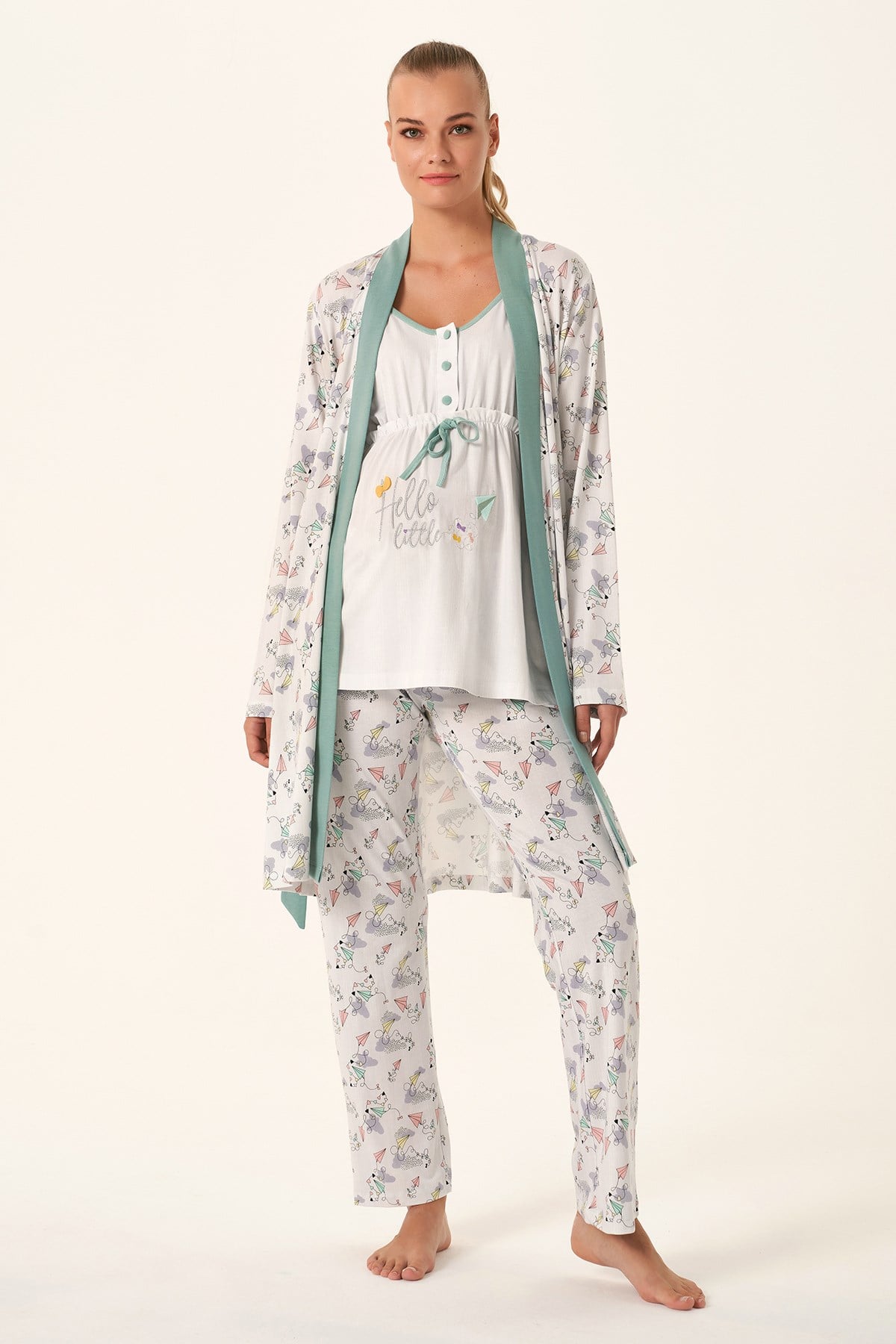 Feyza 4484 Yeşil Desen Detaylı Sabahlıklı Lohusa Pijama Takımı