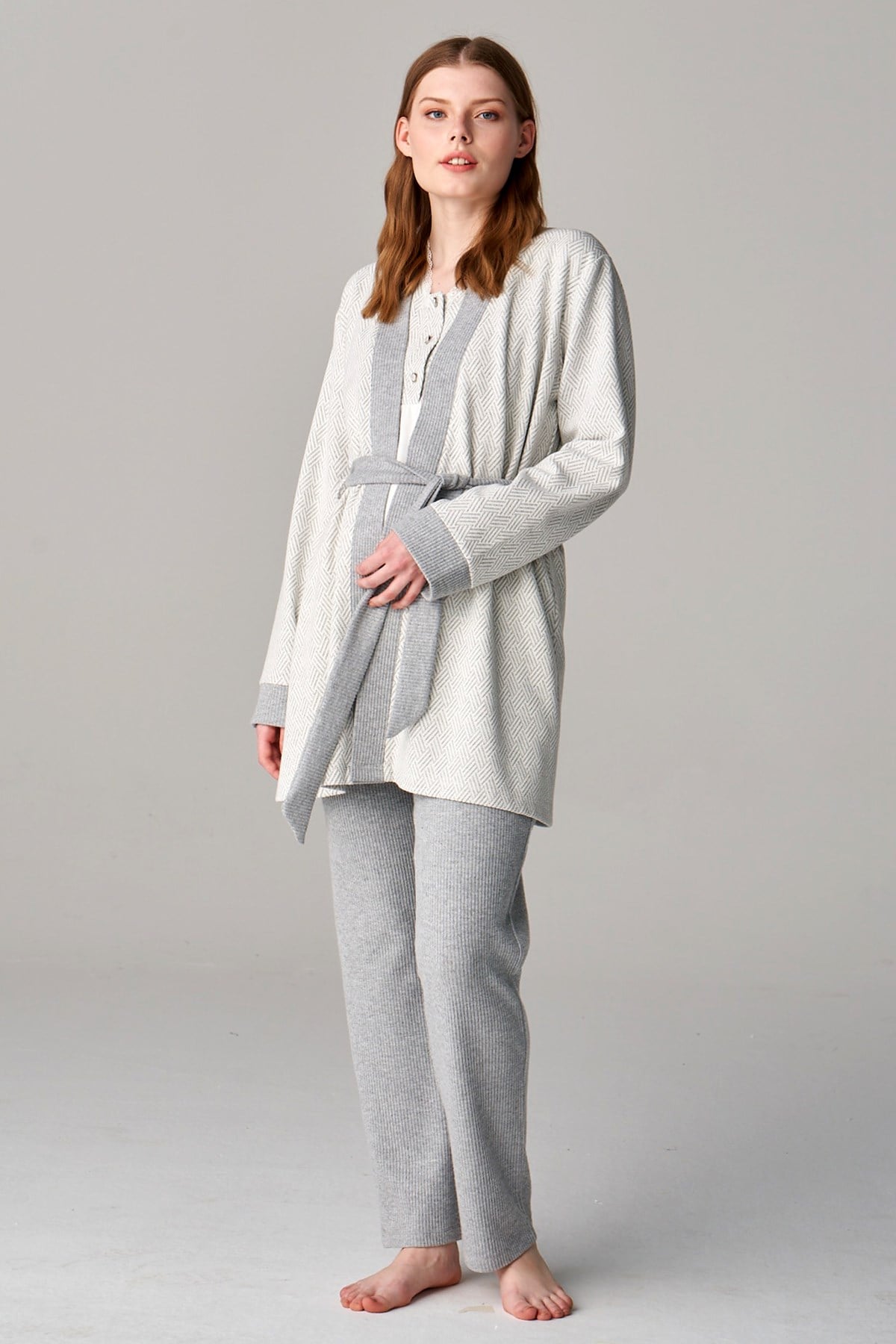 Feyza 4644 Gri Sabahlıklı Lohusa Pijama Takımı