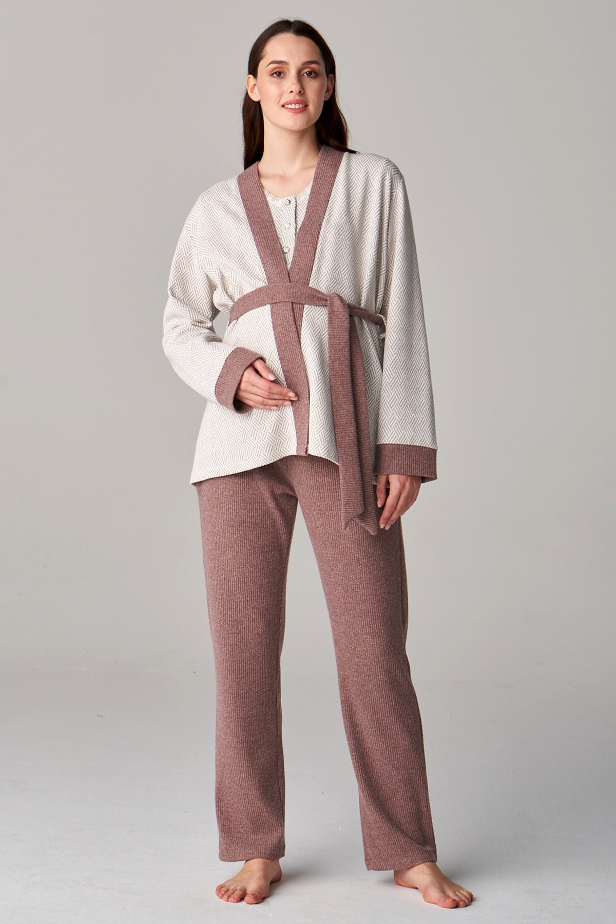 Feyza 4644 Kahverengi Sabahlıklı Lohusa Pijama Takımı
