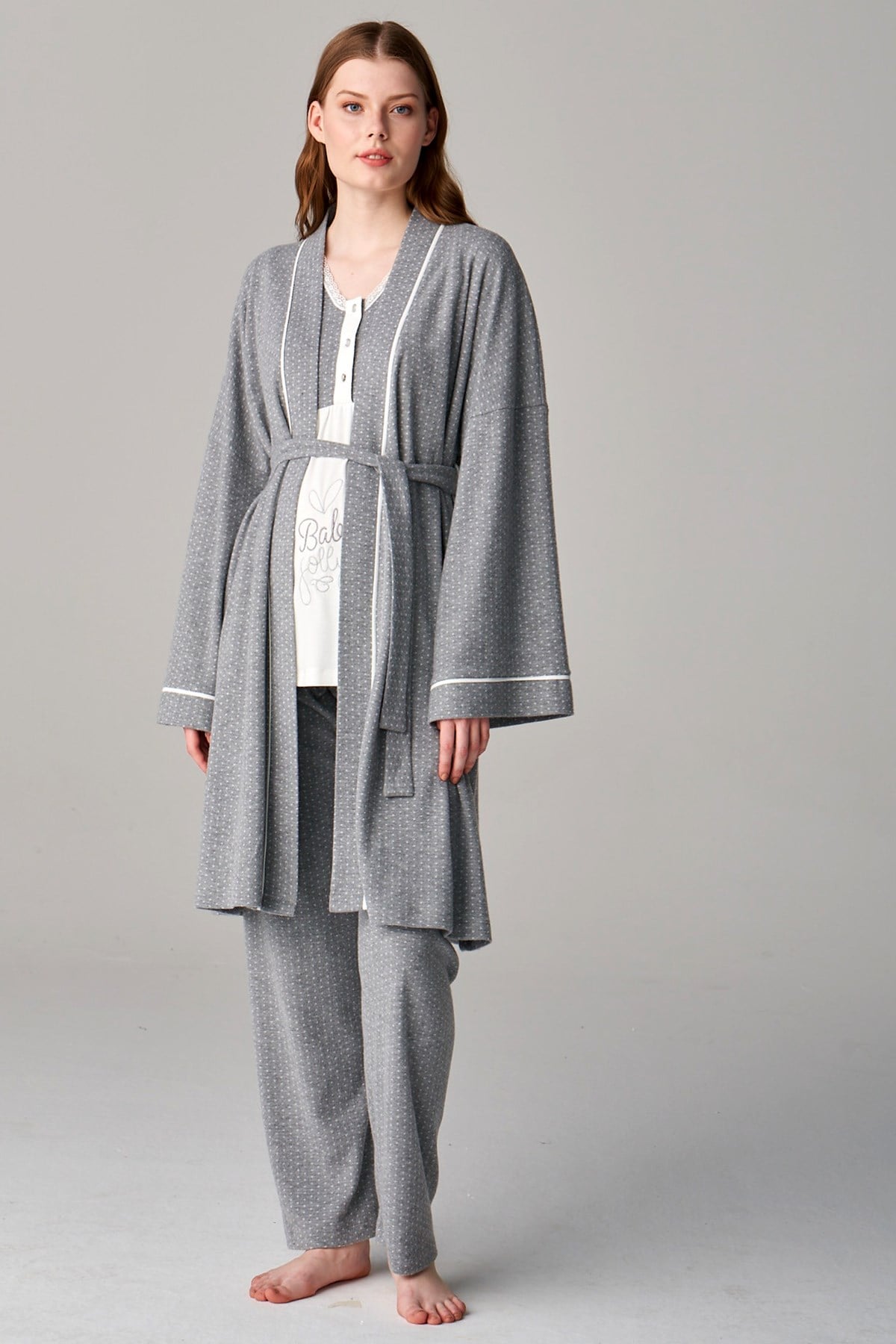 Feyza 4674 Gri Sabahlıklı Lohusa Pijama Takımı