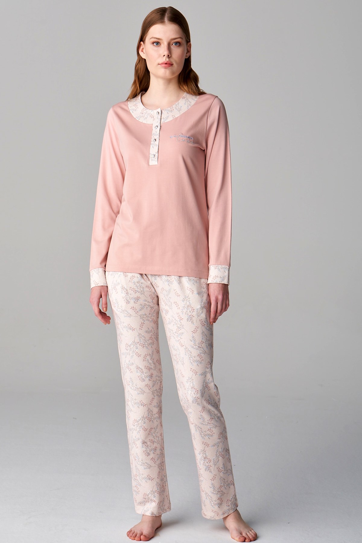 Feyza 4686 Önden Düğmeli Somon Lohusa Pijama Takımı