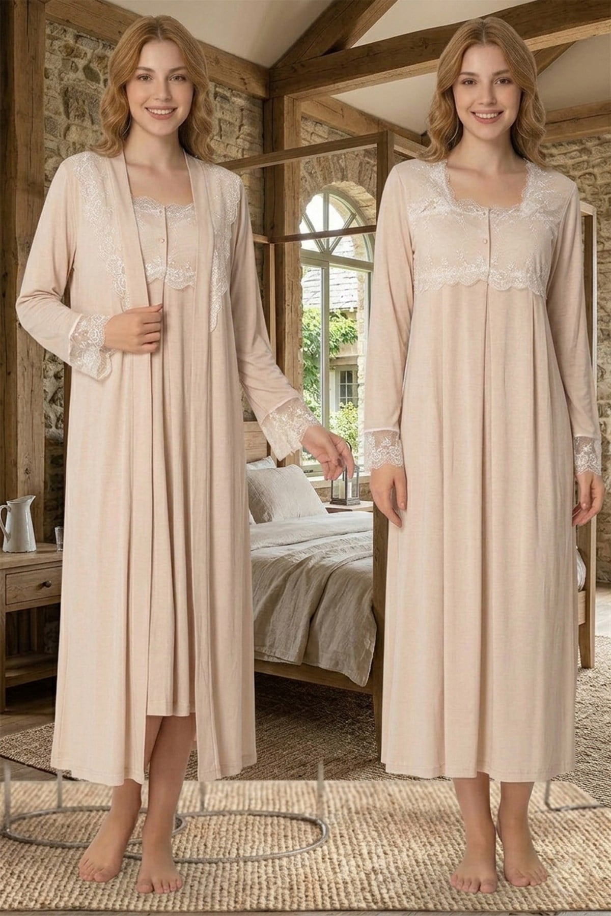 Dantel Detaylı Sütlü Kahve Sabahlıklı Lohusa Gecelik Takımı